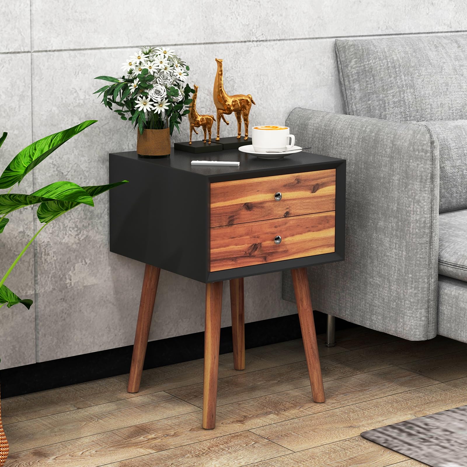 2-Drawer Nightstand, Mid-Century Modern Bed Side Table with Storage