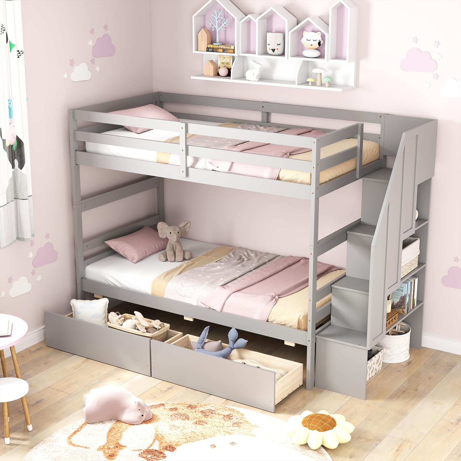 Wood Twin Over Twin Bunk Bed with 2 Storage Drawers & Stairs