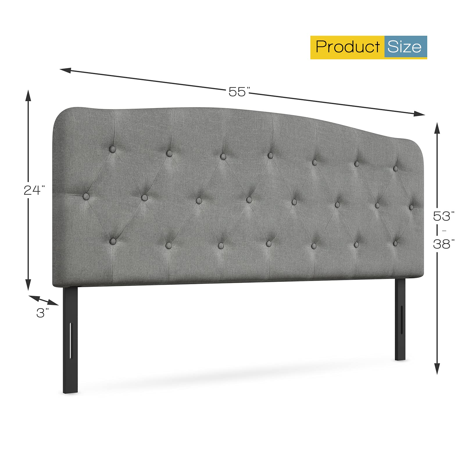 Upholstered Headboard, Adjustable Height from 38" to 53" Platform, Full Size