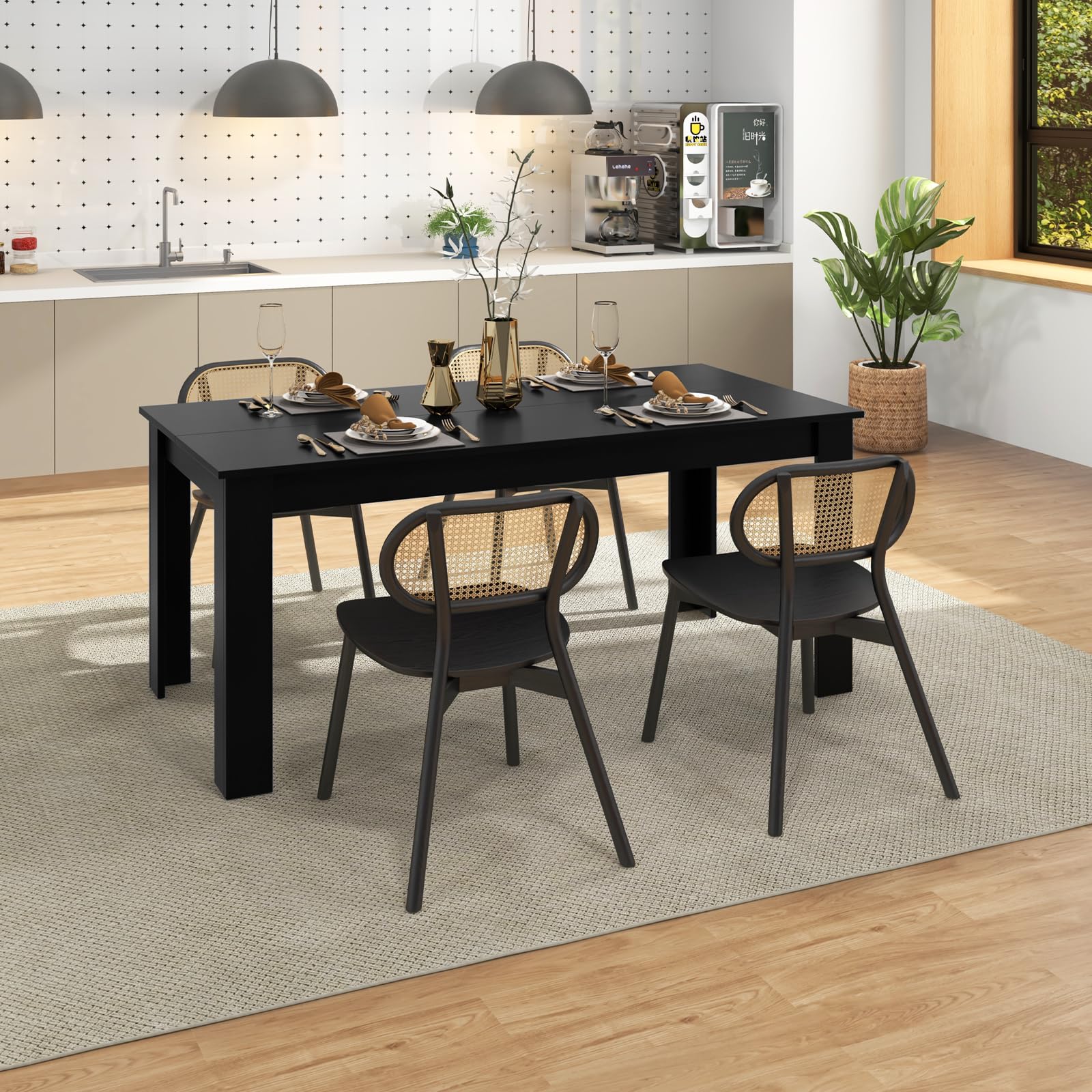 Black Dining Table for 6, Wood Rectangular Table, 63" L x 31.5" W x 30" H Large Farmhouse Center Table