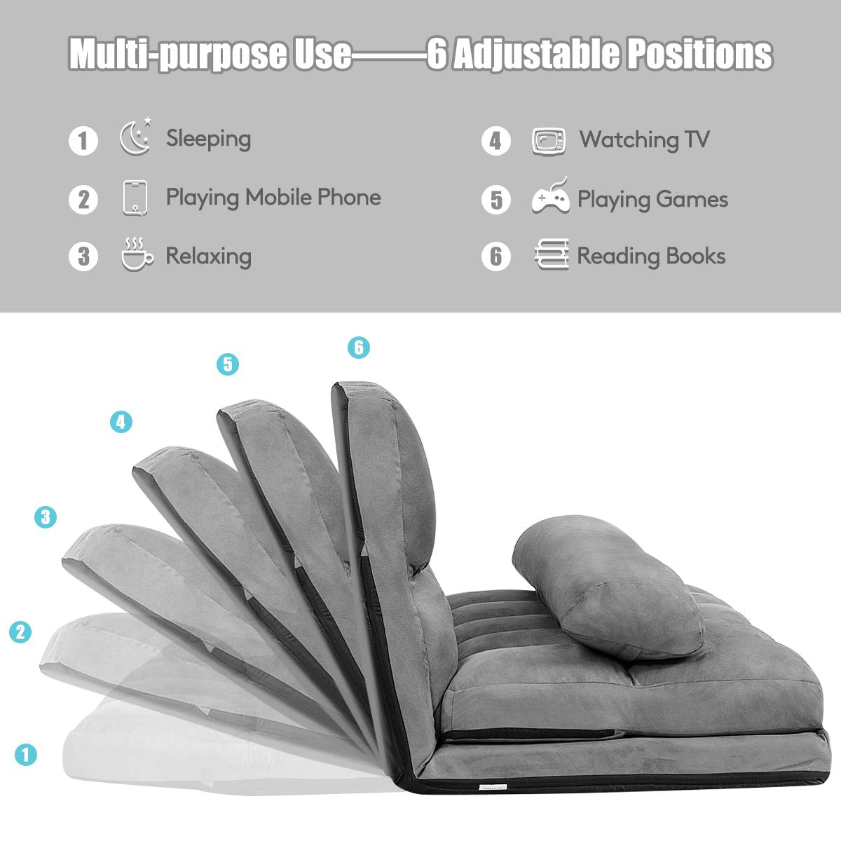 Various Colours Available 6-Position Adjustable Floor Sofa with 2 Pillows