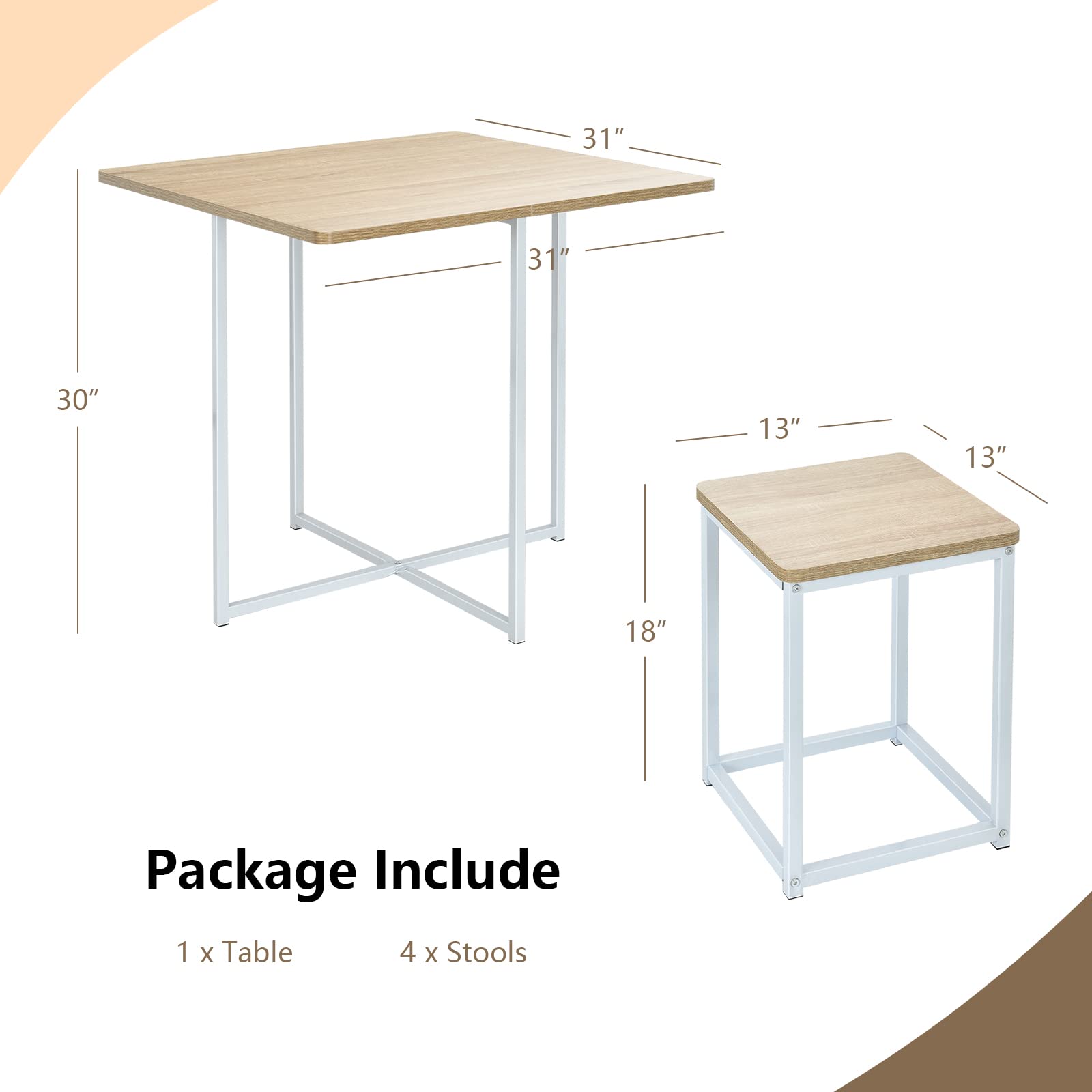 5 Piece Dining Table Set, Counter Kitchen Table and Chair Set for 4 Includes 1 Square Table and 4 Stools