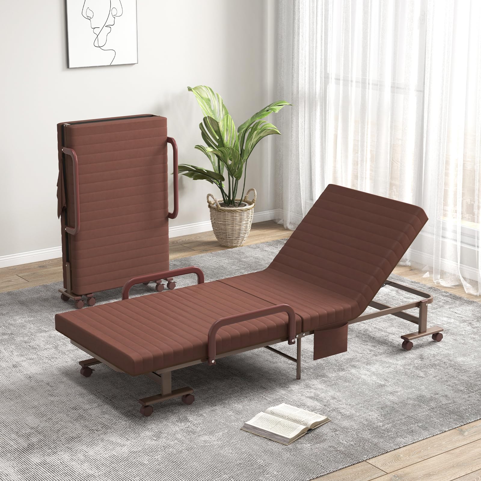 Folding Bed With Mattress, Portable Guest Bed With Adjustable 6 Position & Side Storage Pocket