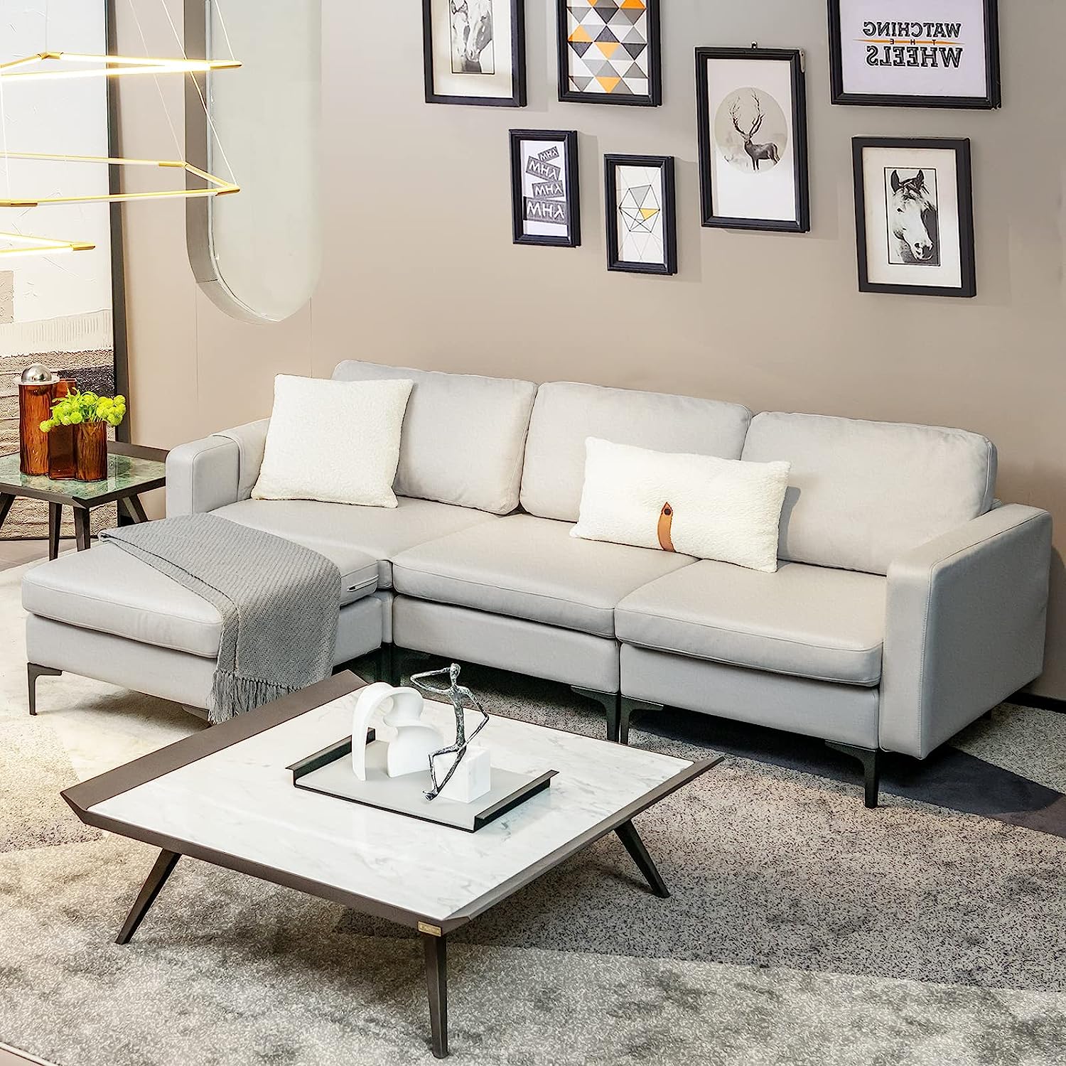 Convertible Sectional Sofa Couch, 3-Seat L Shaped Couch with Reversible Ottoman, Built-in Socket & USB Ports