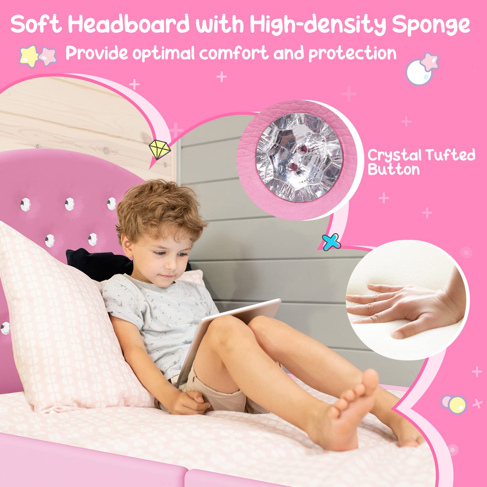 Kids Twin Bed Frame with Headboard, Toddler Upholstered Platform Bed with Slatted Bed Base