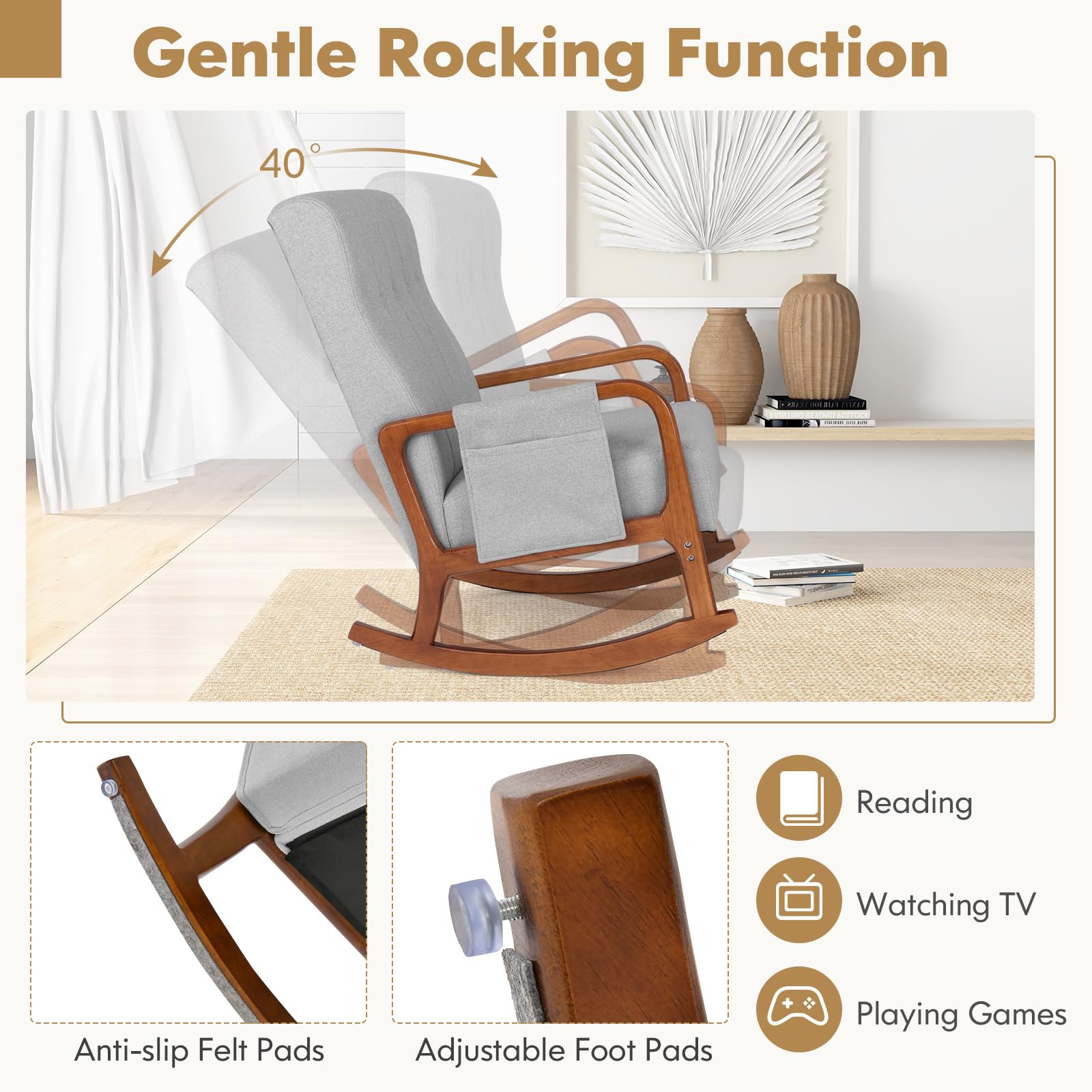 Nursery Rocking Chair with Ottoman, Upholstered Rocker Chair with Side Pocket