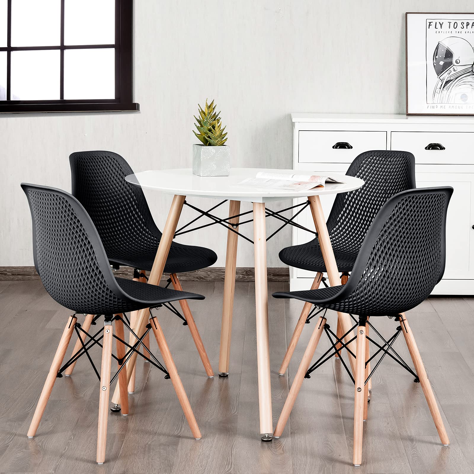 Set of 4 Modern Dining Chairs, Outdoor Indoor Shell PP Lounge Side Chairs with Mesh Design, Beech Wood Legs