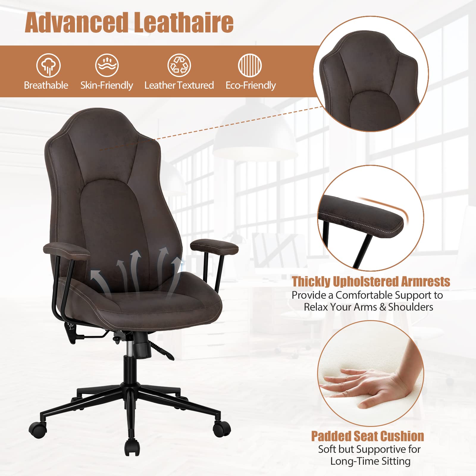 High-Back Home Office Desk Chair, Ergonomic Leathaire Task Chair with Comfortable Padded Seat & Detachable Armrests