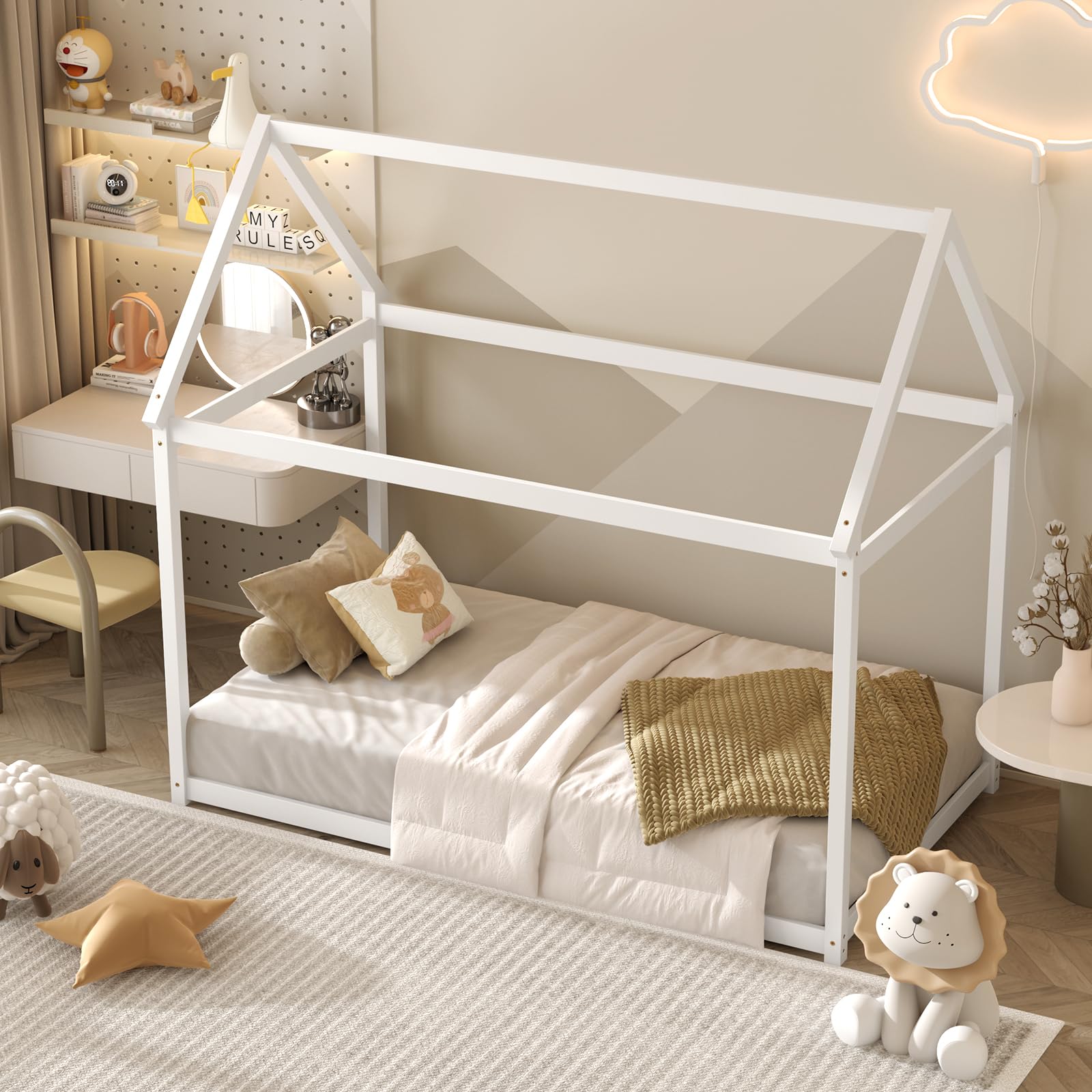 Twin Size House Bed for Kids, Solid Wood Platform Floor Bed with Roof & Multiple Slats