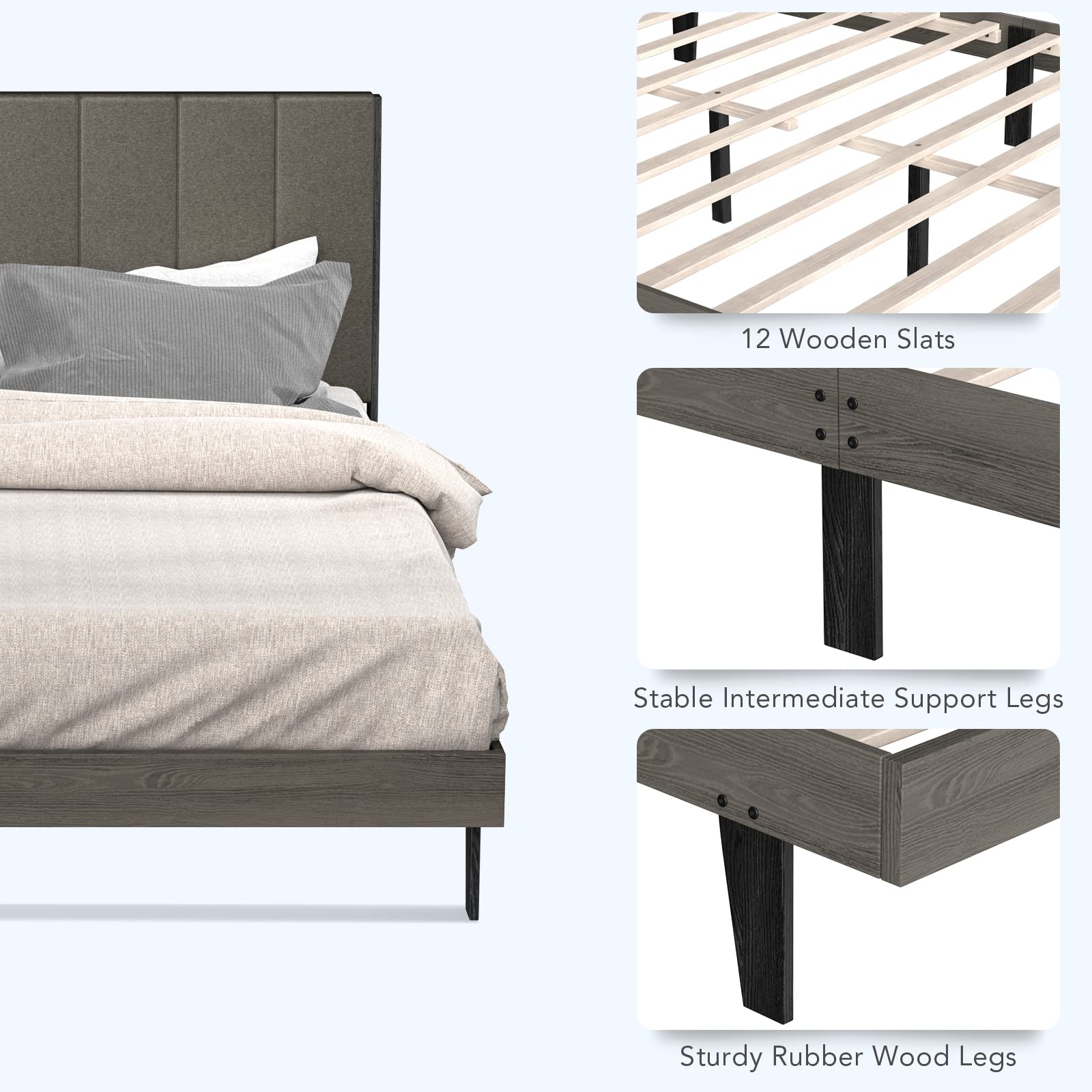Upholstered Bed Frame, Wooden Slats Support, Queen Mattress Foundation with Tufted Headboard