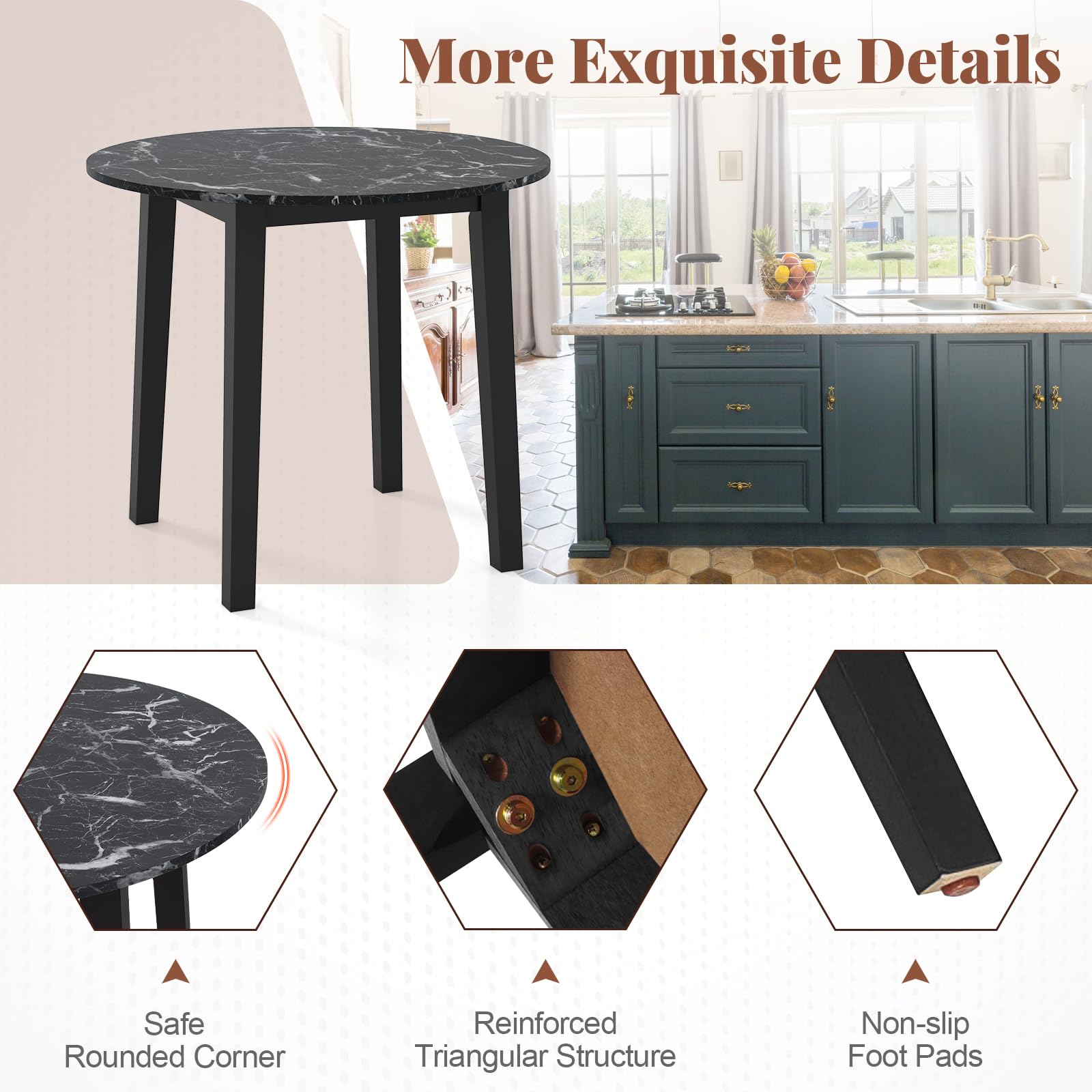 35&rdquo; Round Dining Table - Kitchen Table with Rubber Wood Legs, Marble-Textured Veneer Tabletop