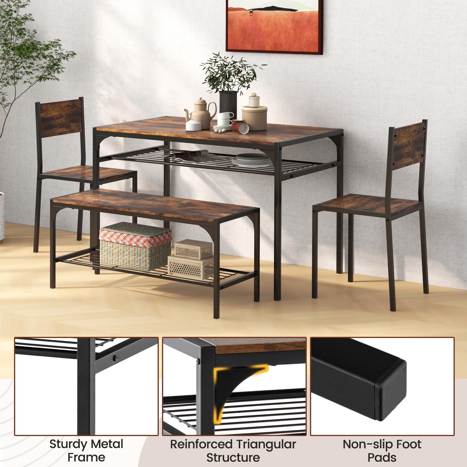 4 Pieces Dining Table Set, Kitchen Table and 2 Chairs for 4 with Bench, Storage Racks