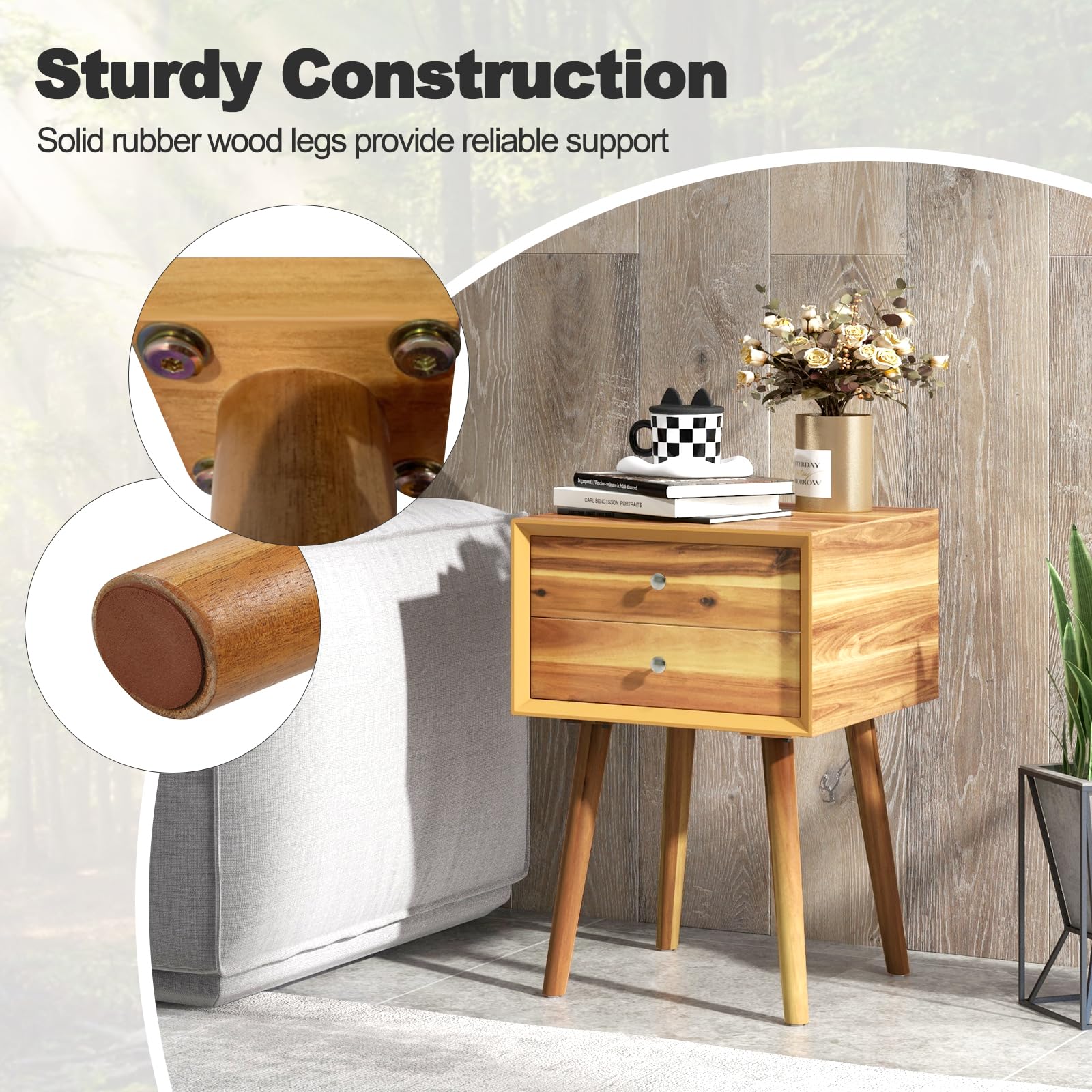 2-Drawer Nightstand, Mid-Century Modern Bed Side Table with Storage