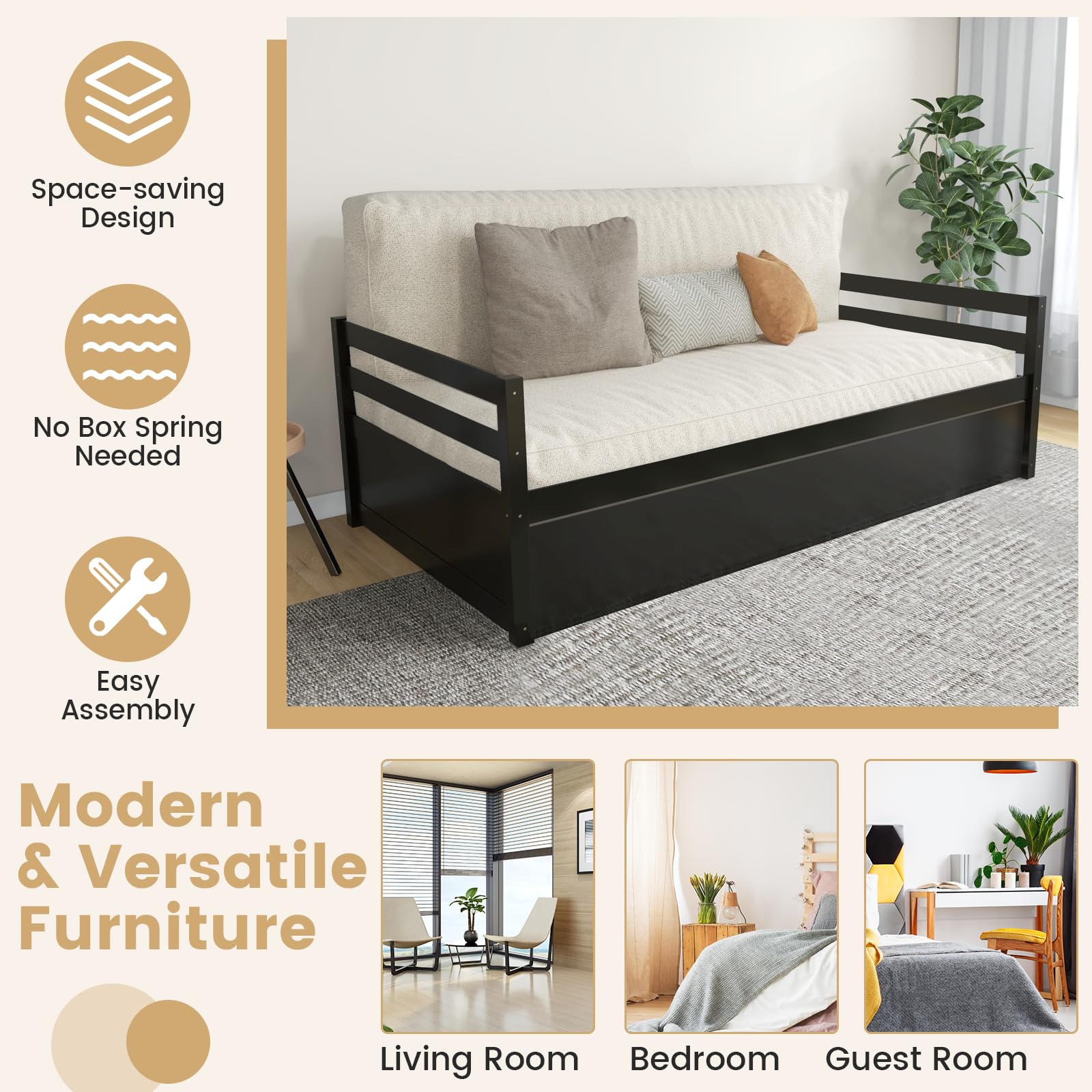 Twin Daybed with Trundle, Wood Trundle Bed with Wood Slat Support