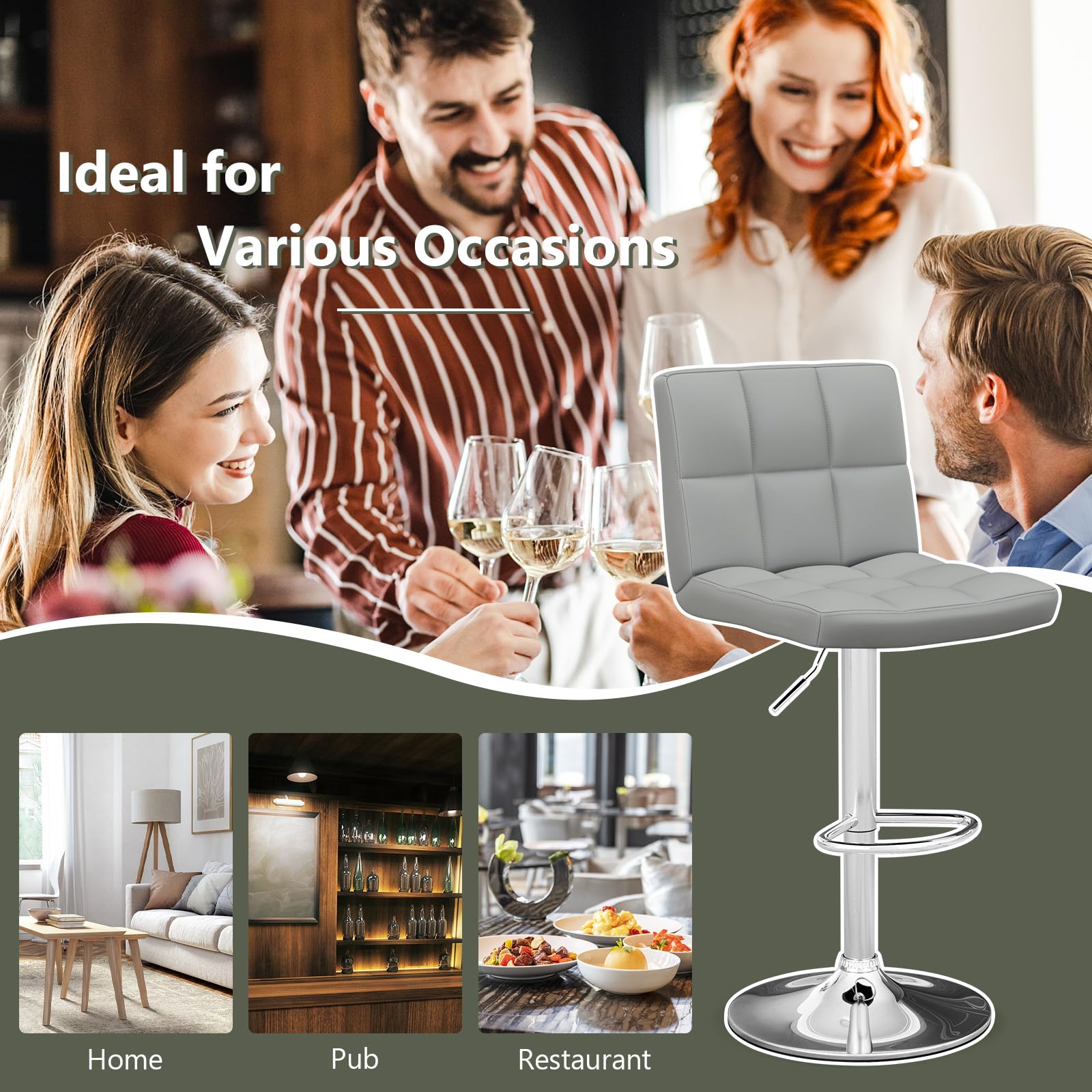 Modern PU Leather Height Adjustable Bar Stools  Set of 1/2 with Back, Footrest, Metal Base