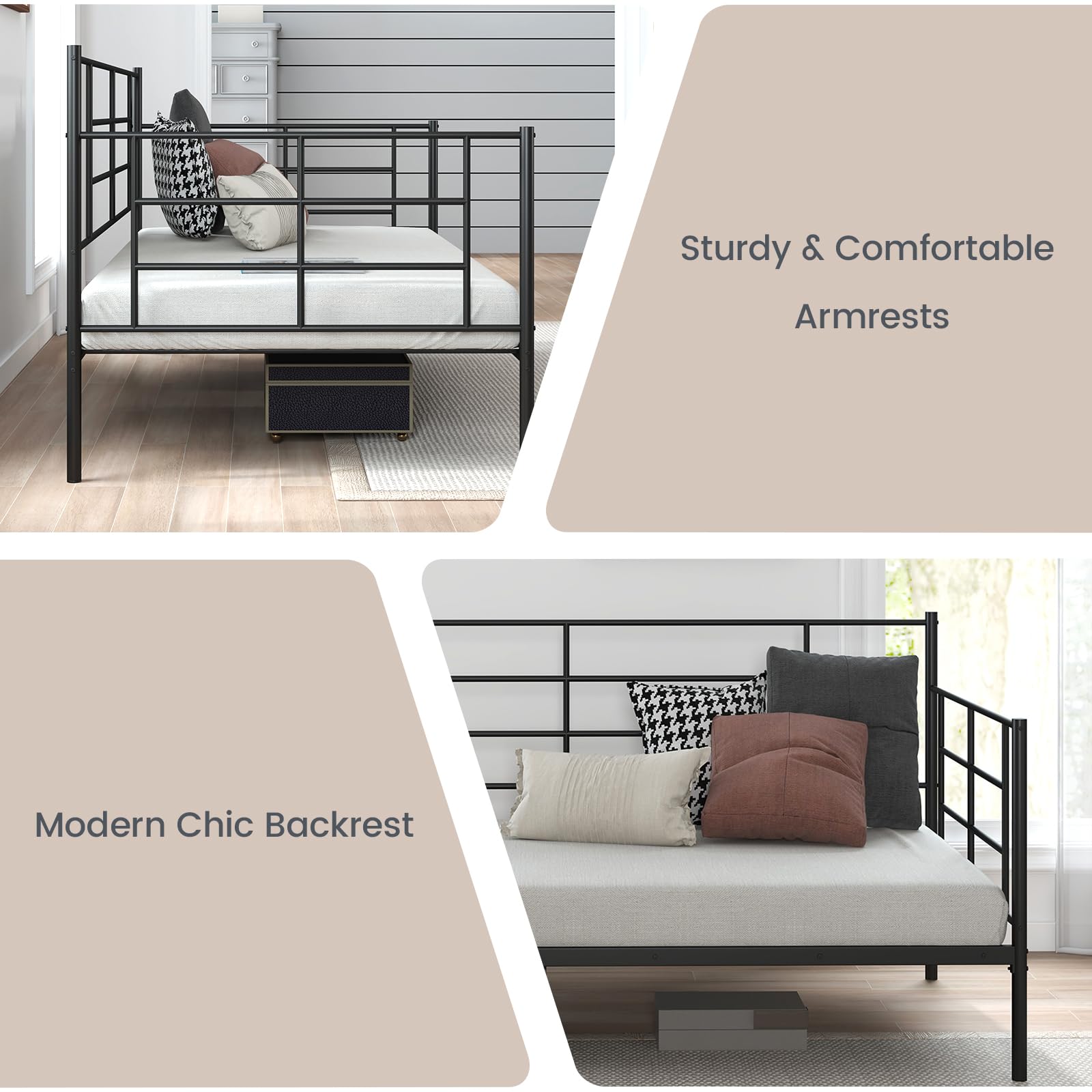 Twin Size Metal Daybed Frame, Heavy-Duty Sofa Bed with Sturdy Metal Slat Support