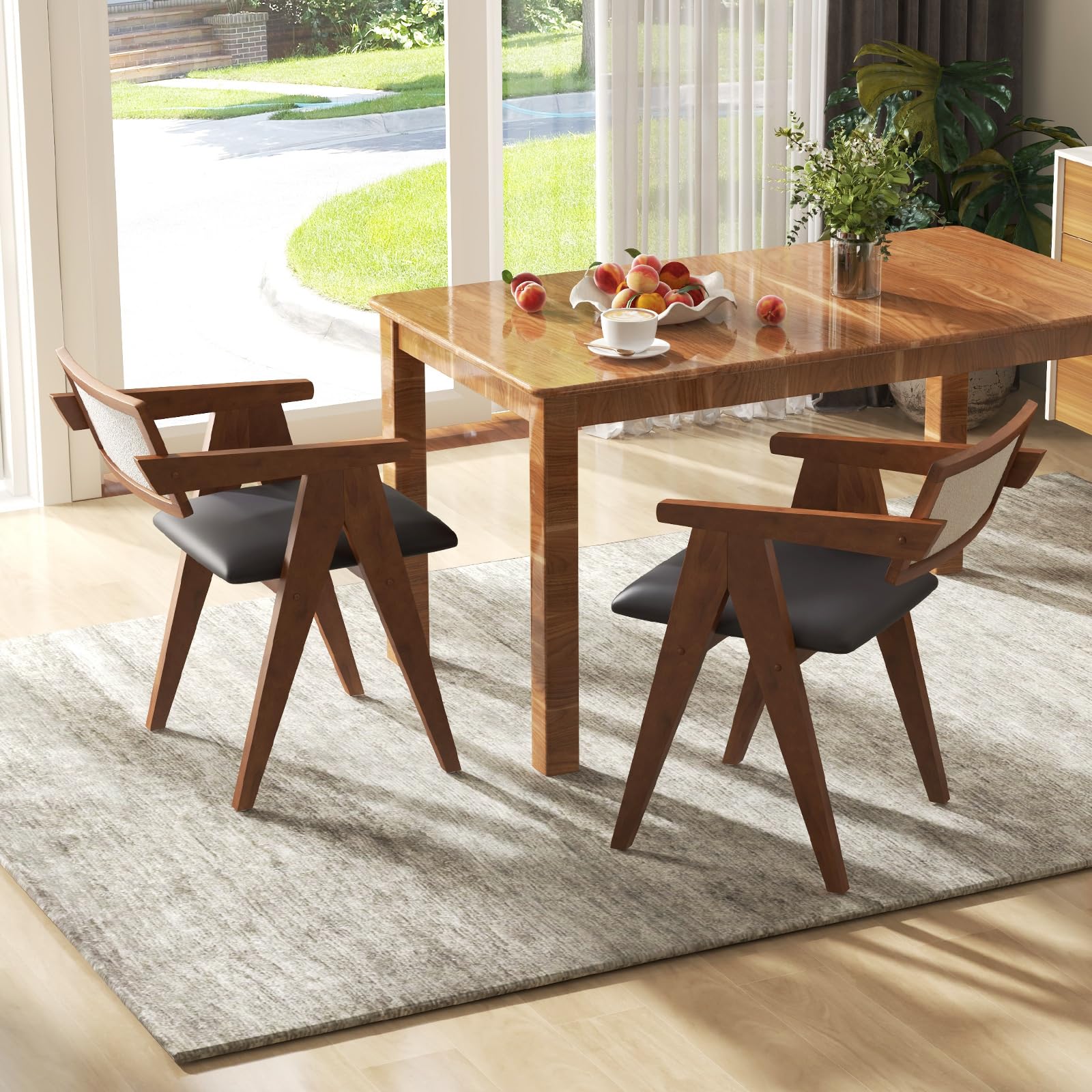 Wooden Dining Chairs Set of 2/4, Mid Century Upholstered Kitchen Chairs w/Leathaire Seat Cushions & Sherpa Backrests