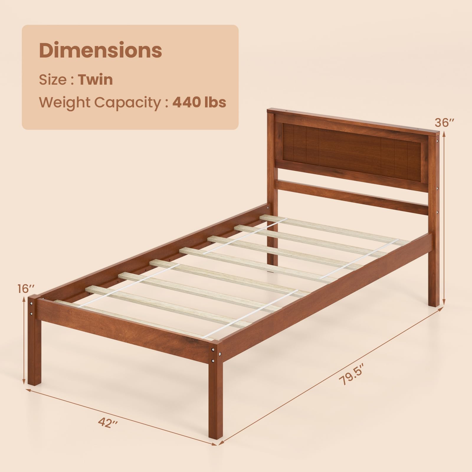 Wooden Platform Bed Frame with Headboard & Wood Slat Support