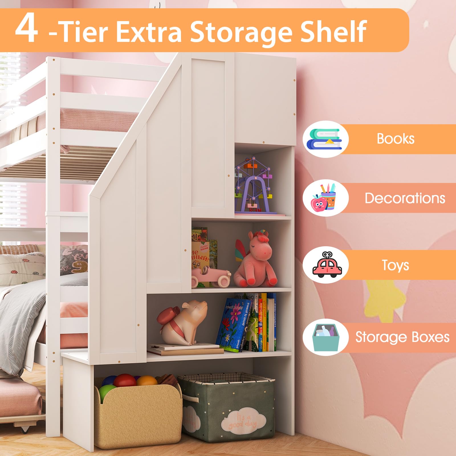 Twin Over Twin Wood Bunk Bed with Trundle & Storage Stairs, Convertible to 2 Separated Beds
