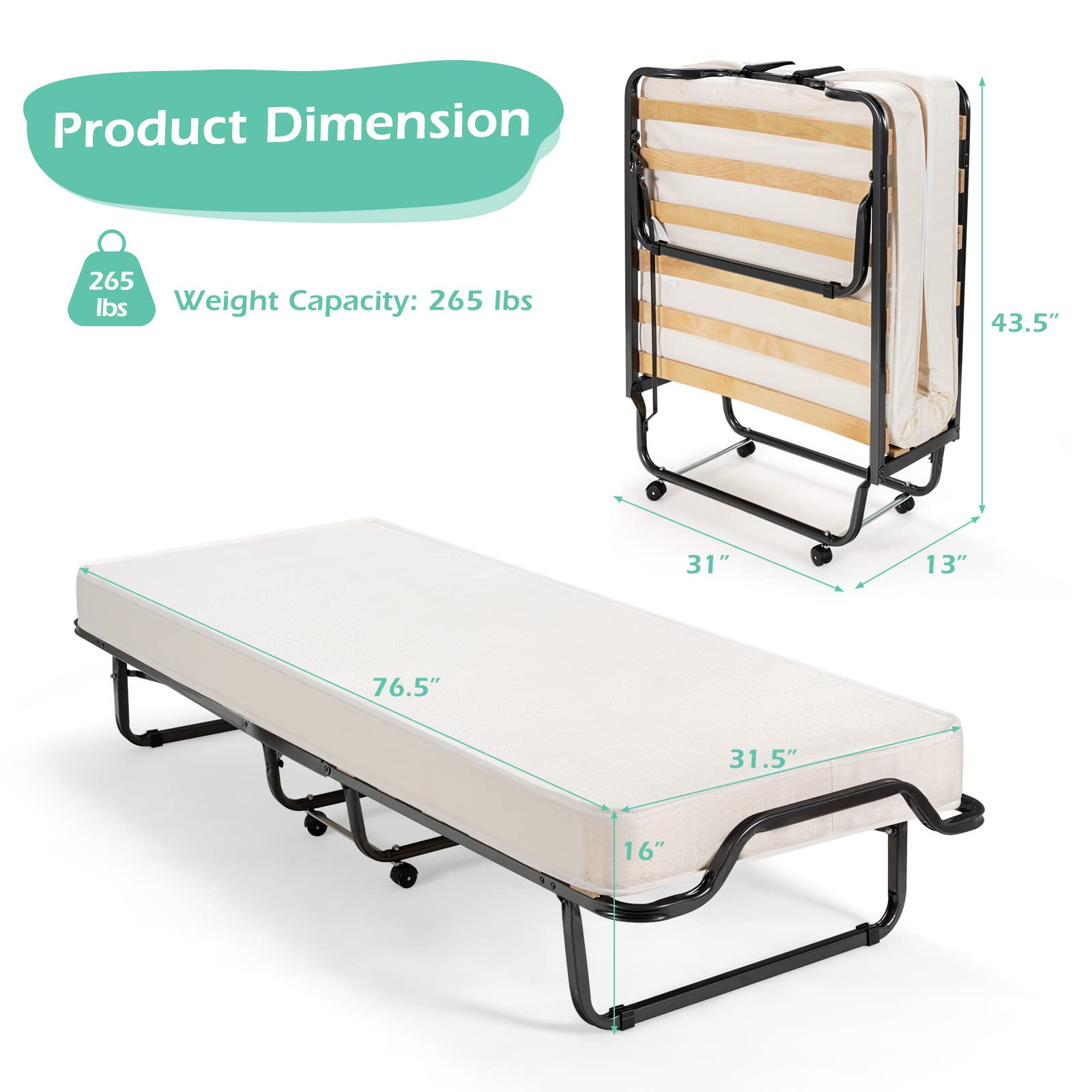 Folding Bed with 4 Inch Mattress, Storage Cover and Memory Foam Mattress