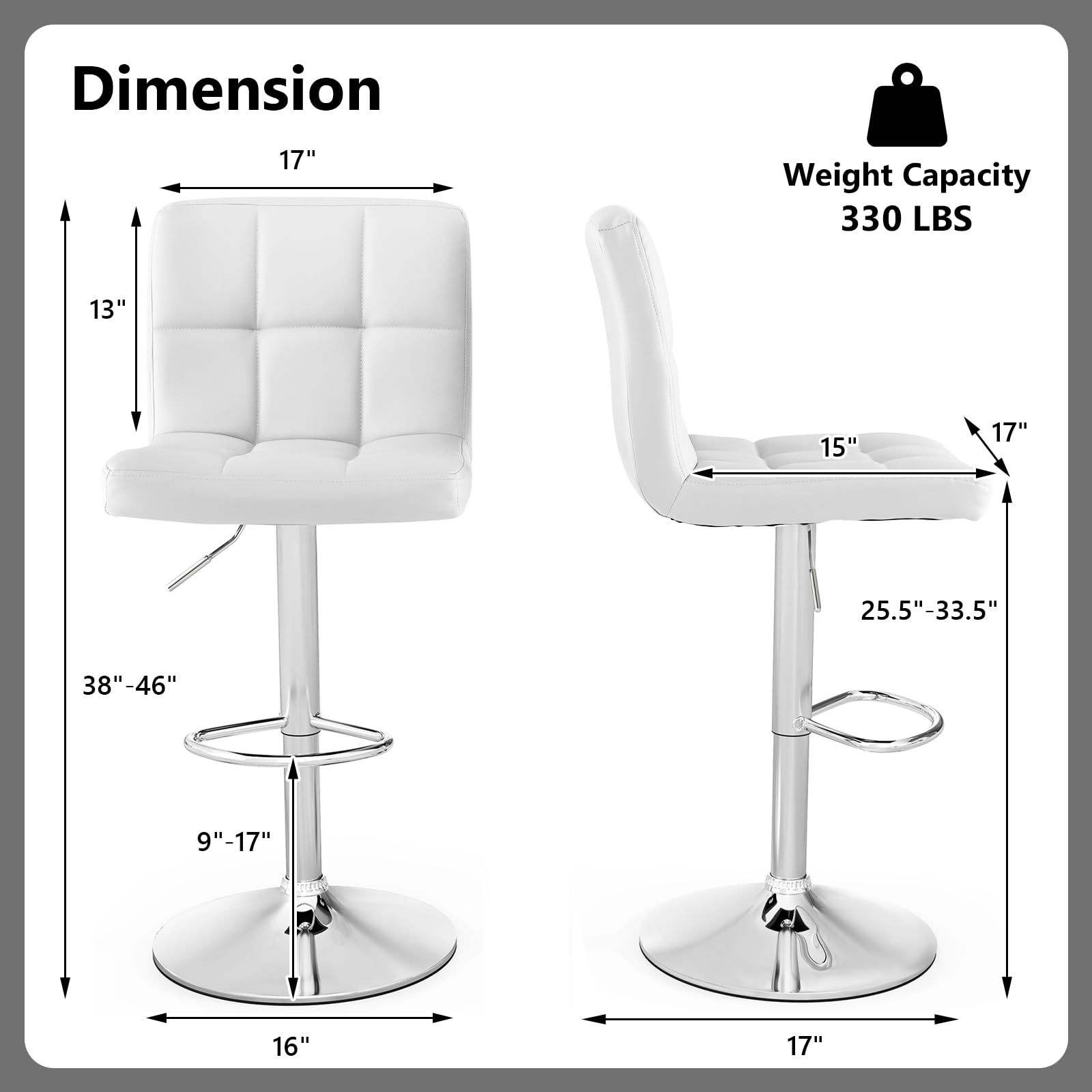 Modern PU Leather Height Adjustable Bar Stools  Set of 1/2 with Back, Footrest, Metal Base