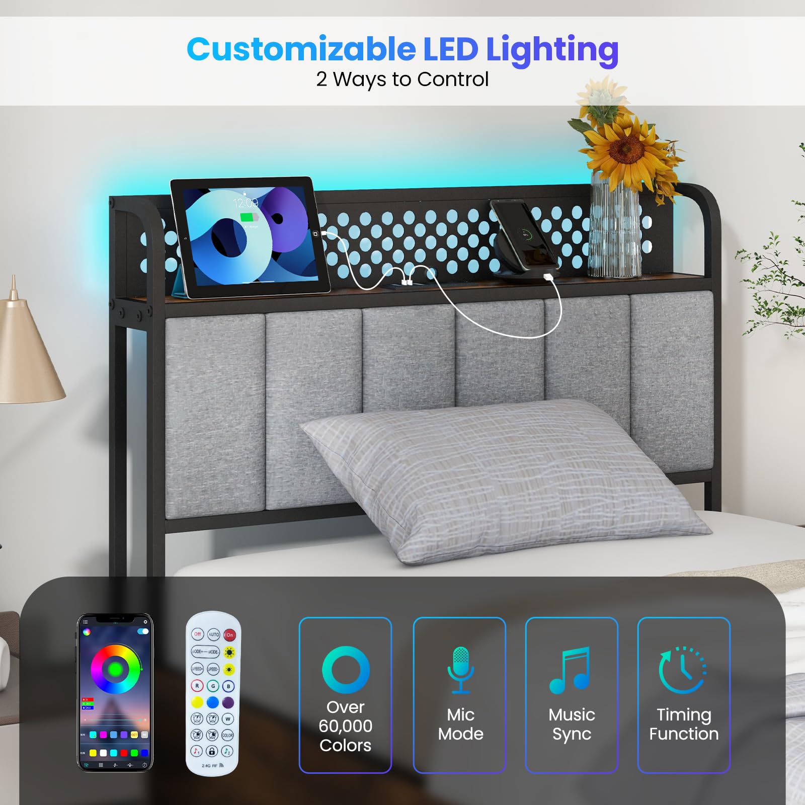 Industrial LED Bed Frame with 4 Storage Drawers & Charging Station
