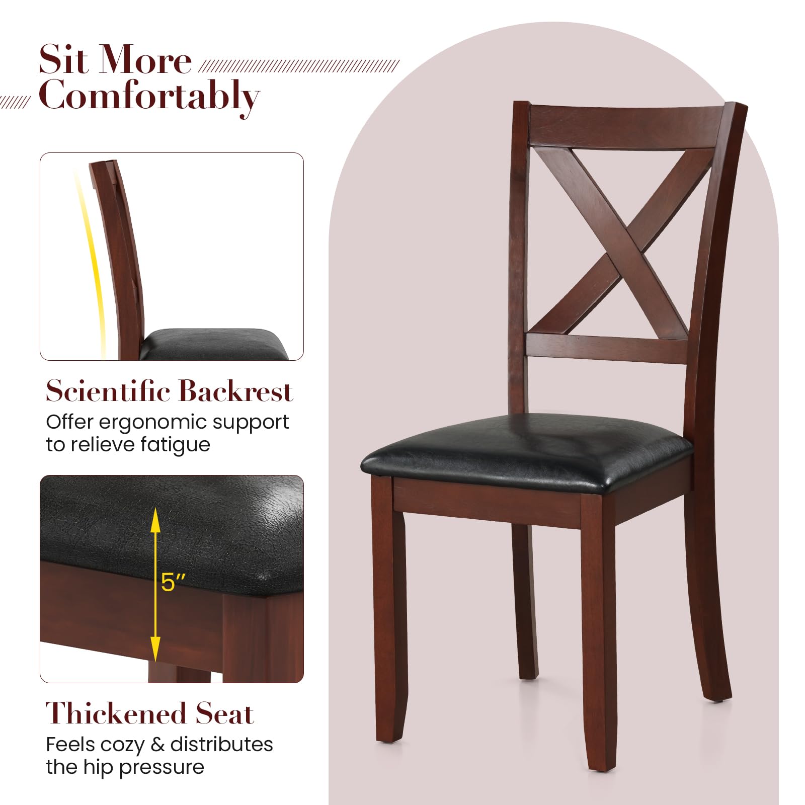 Wood Dining Chairs Set of 2/4, Faux Leather Upholstered Dining Chairs with Rubber Wood Legs