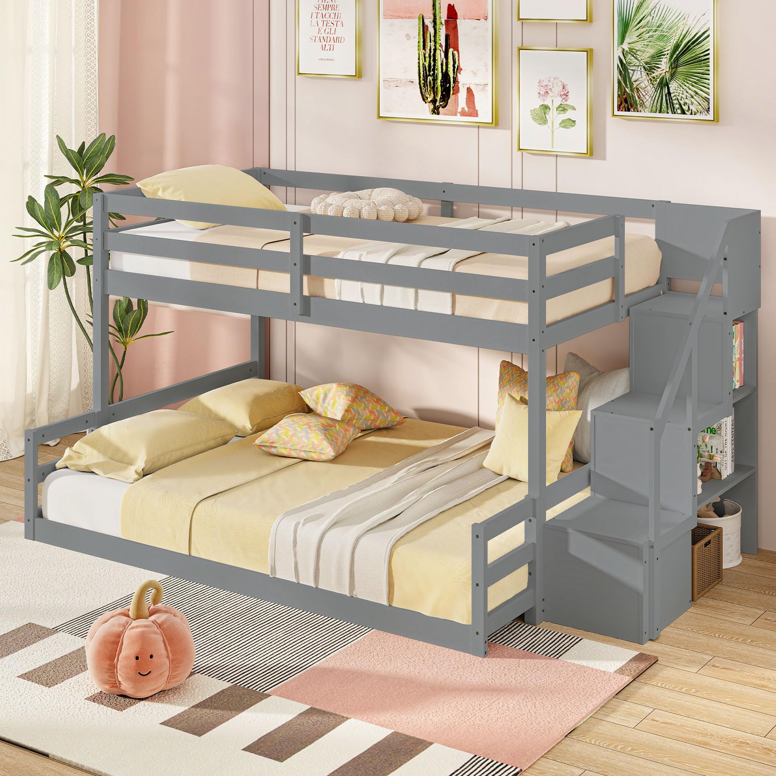 Bunk Bed with Stairs, Solid Wood Floor Bunk Bed with Storage Staircase & Full-Length Guardrails