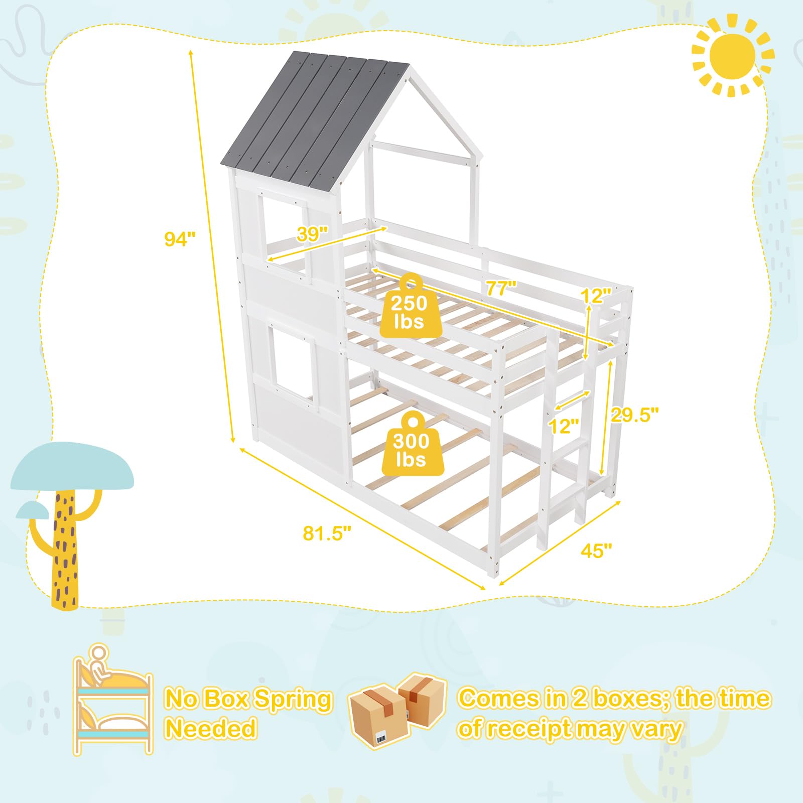 Twin Over Twin Wood Floor Bunk Bed with Built in Ladder, Window & Safety Guardrail