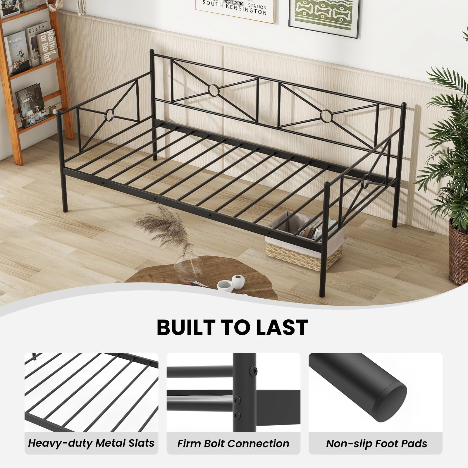Twin Size Metal Daybed Frame, Heavy-Duty Steel Slats Support Platform Bed Frame, Multifunctional Sofa Guest Bed with Headboard