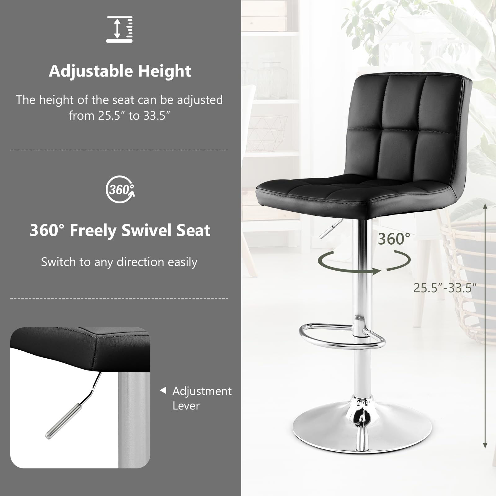 Modern PU Leather Height Adjustable Bar Stools  Set of 1/2 with Back, Footrest, Metal Base