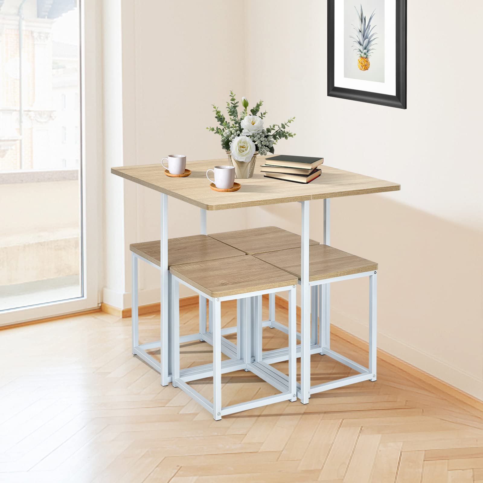 5 Piece Dining Table Set, Counter Kitchen Table and Chair Set for 4 Includes 1 Square Table and 4 Stools
