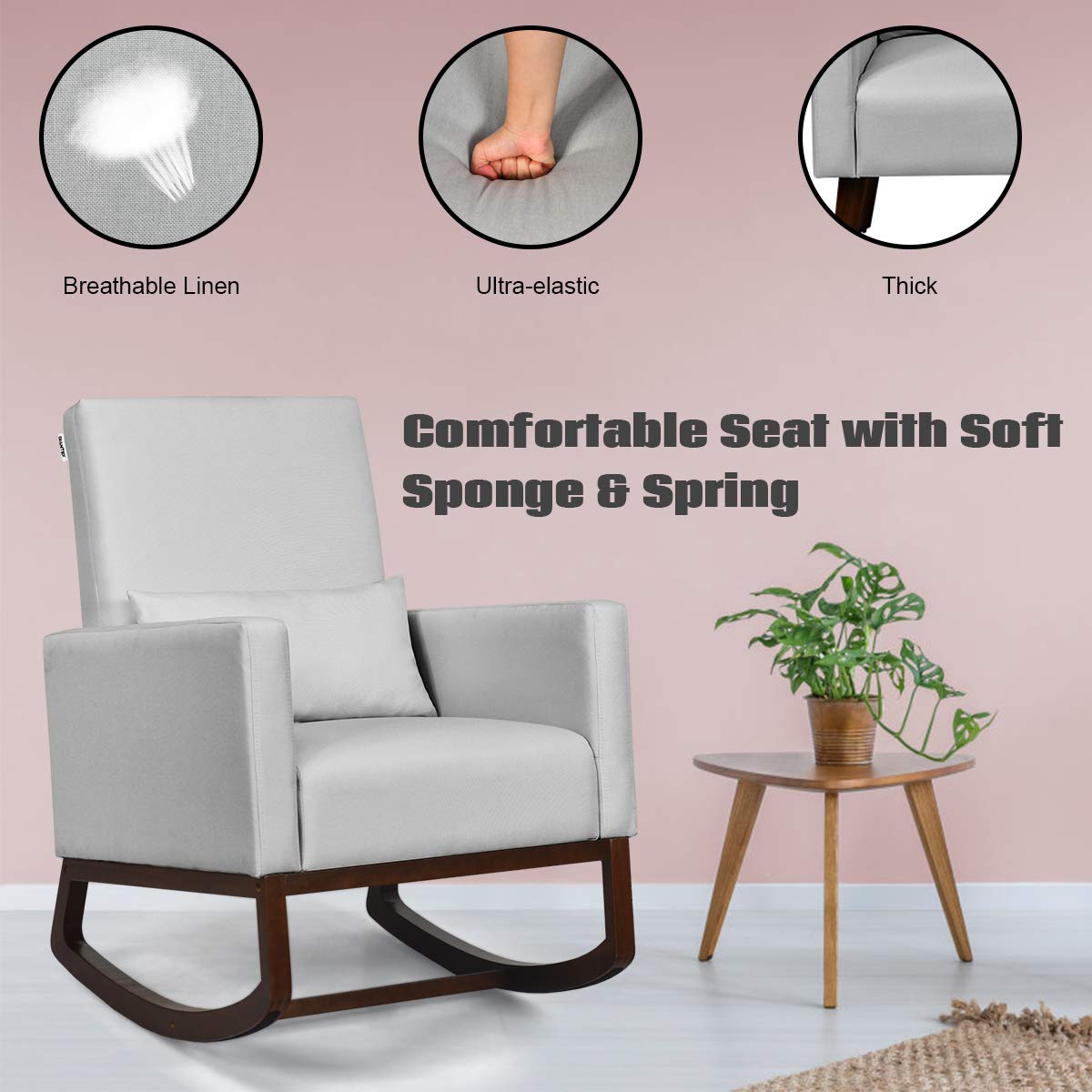 Upholstered Rocking Chair, Modern High Back Armchair, Comfortable Rocker with Fabric Padded Seat, Waist Pillow