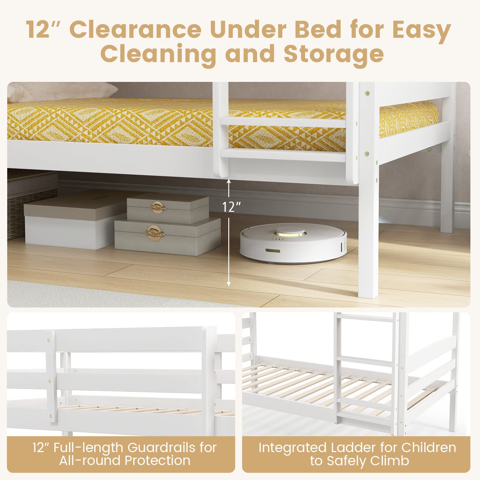 Twin Over Twin Wood Bunk Bed with Full-Length Guardrail & Integrated Ladder