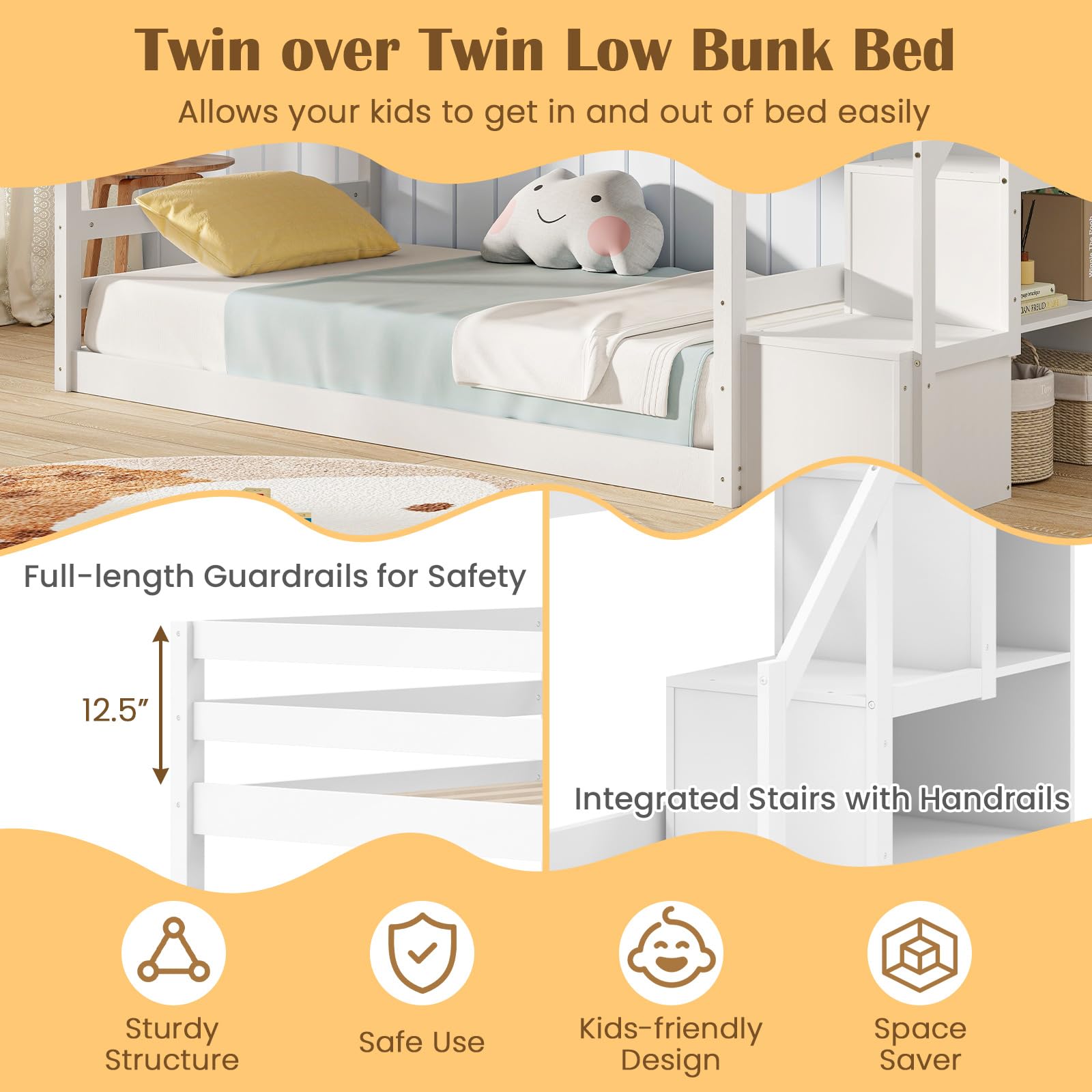 Bunk Bed with Stairs, Solid Wood Floor Bunk Bed with Storage Staircase & Full-Length Guardrails