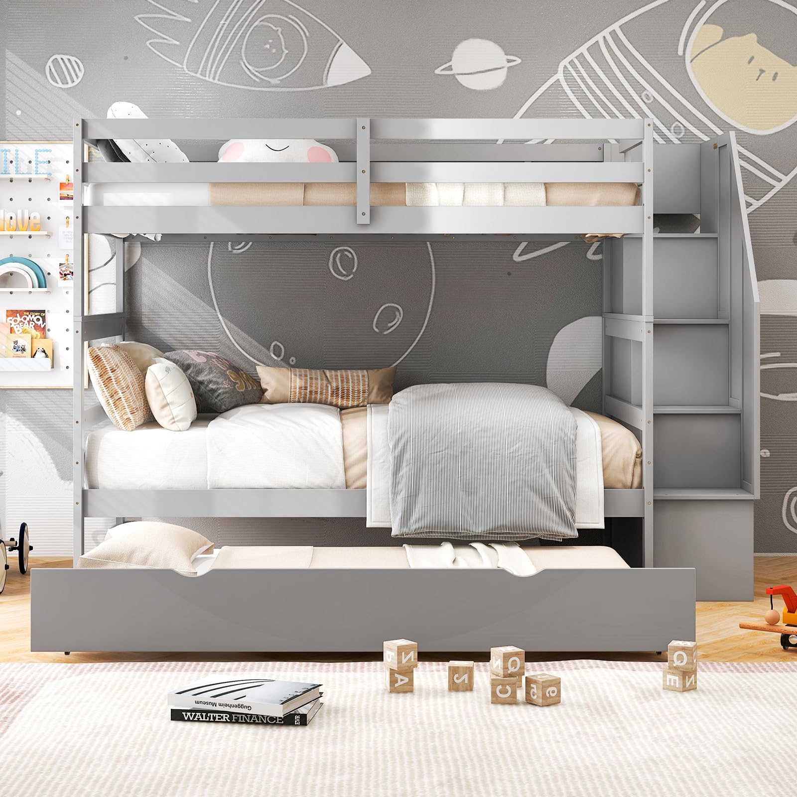Twin Over Twin Wood Bunk Bed with Trundle & Storage Stairs, Convertible to 2 Separated Beds