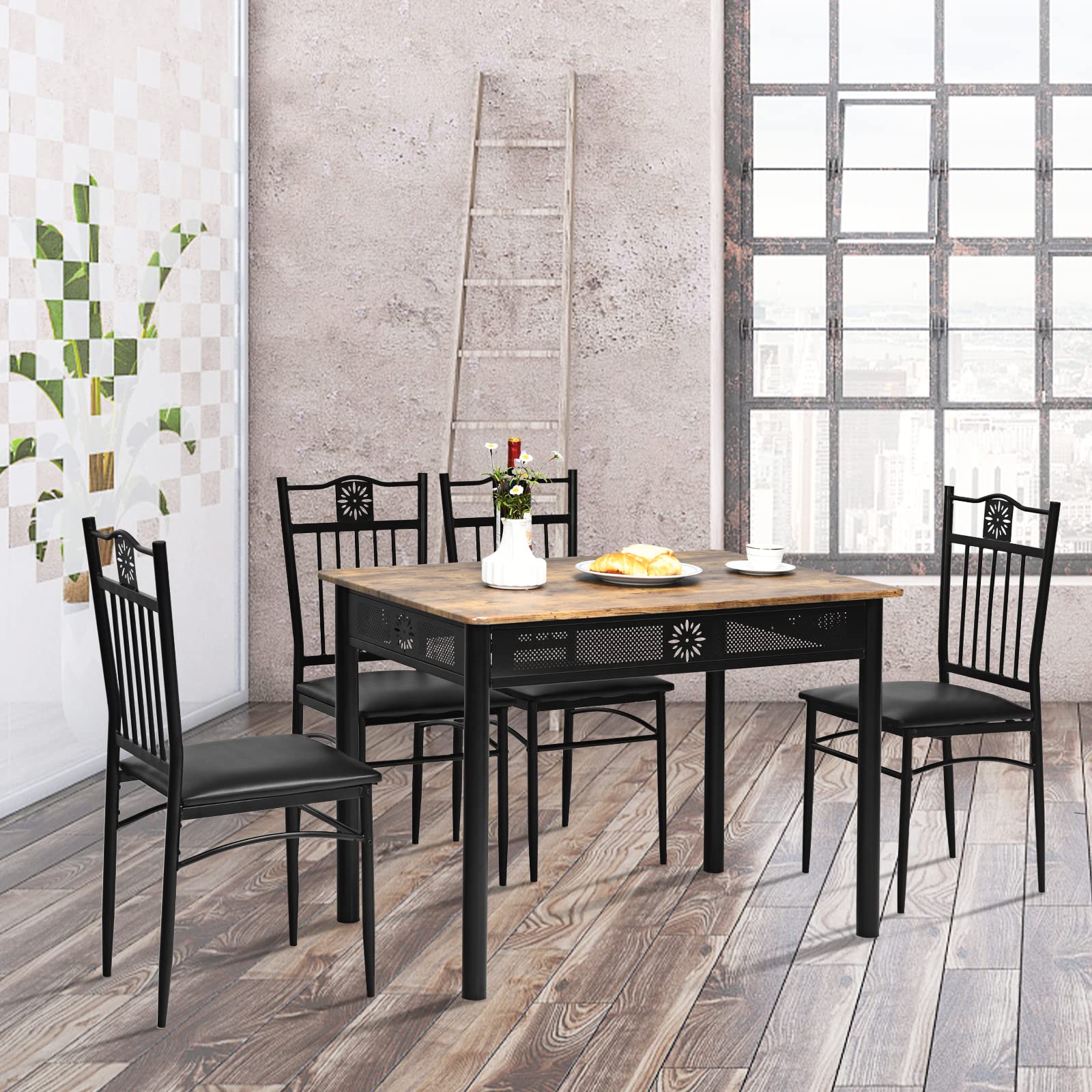5 Piece Dining Table and Chairs Set, Vintage Retro Wood Top Metal Frame Padded Seat