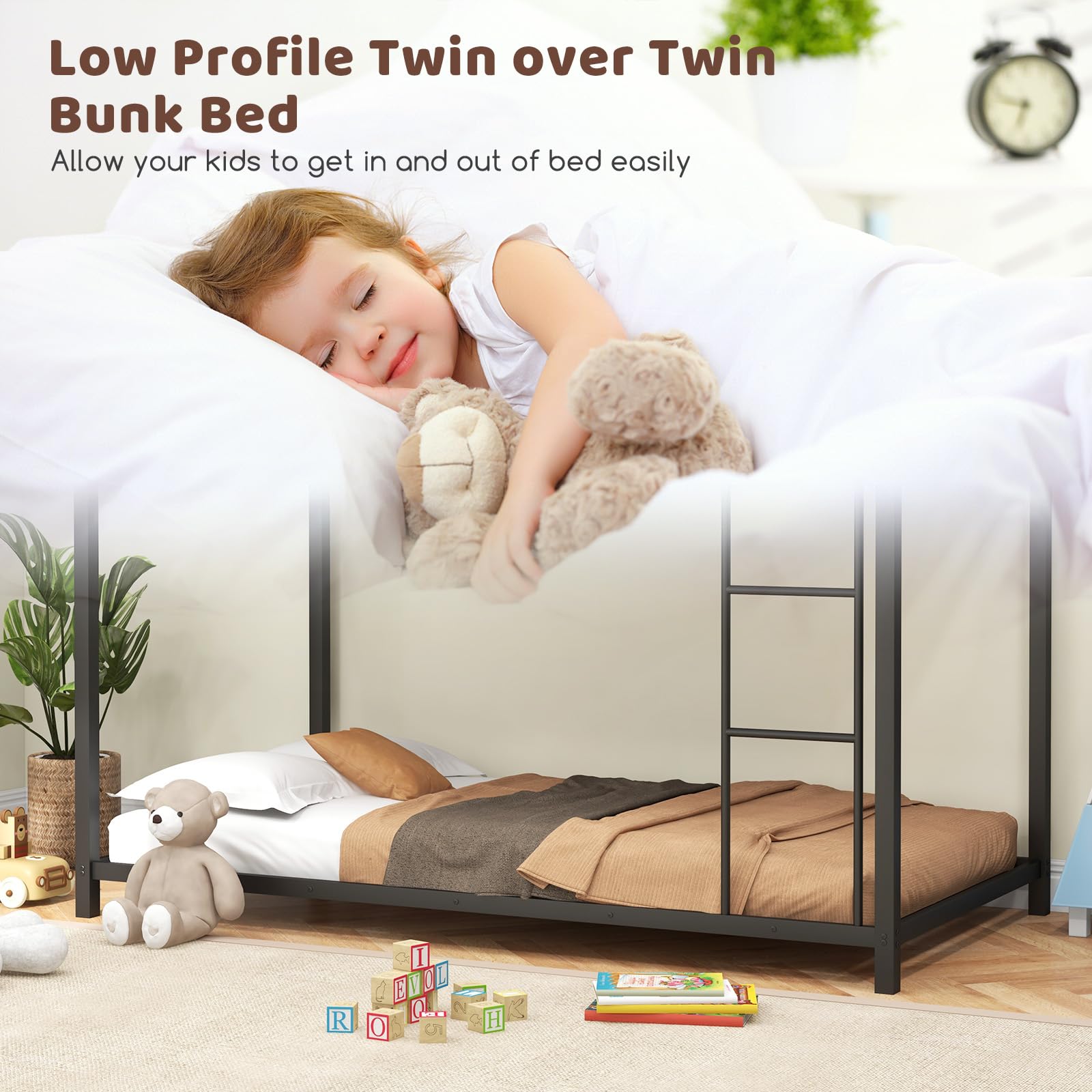 Twin Over Twin Metal Low Profile Bunk Bed with Safety Guard Rails & Side Ladder