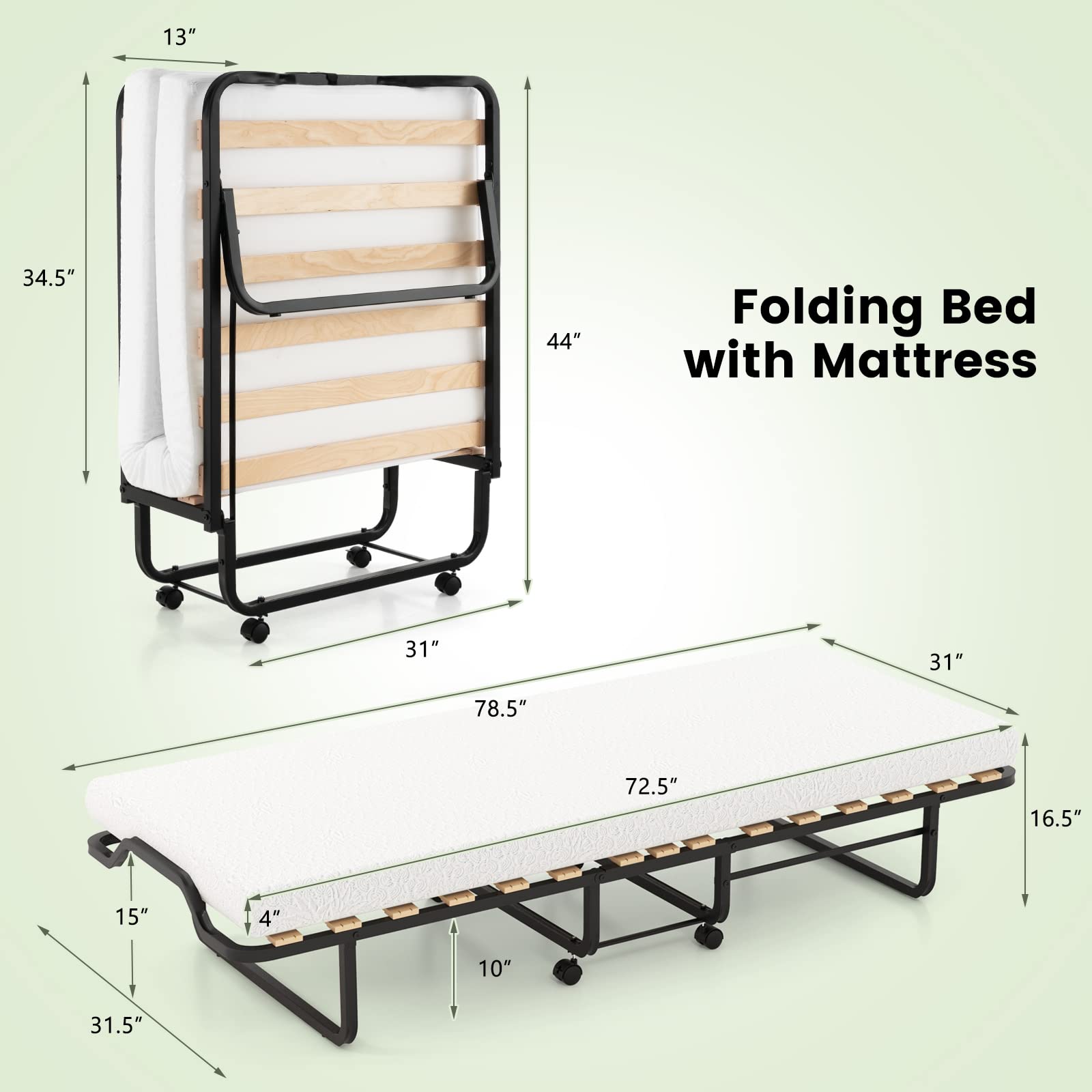 Folding Bed with 4 Inch Mattress for Adults, Cot Size Rollaway Guest Bed w/Memory Foam Mattress & Solid Wood Slats