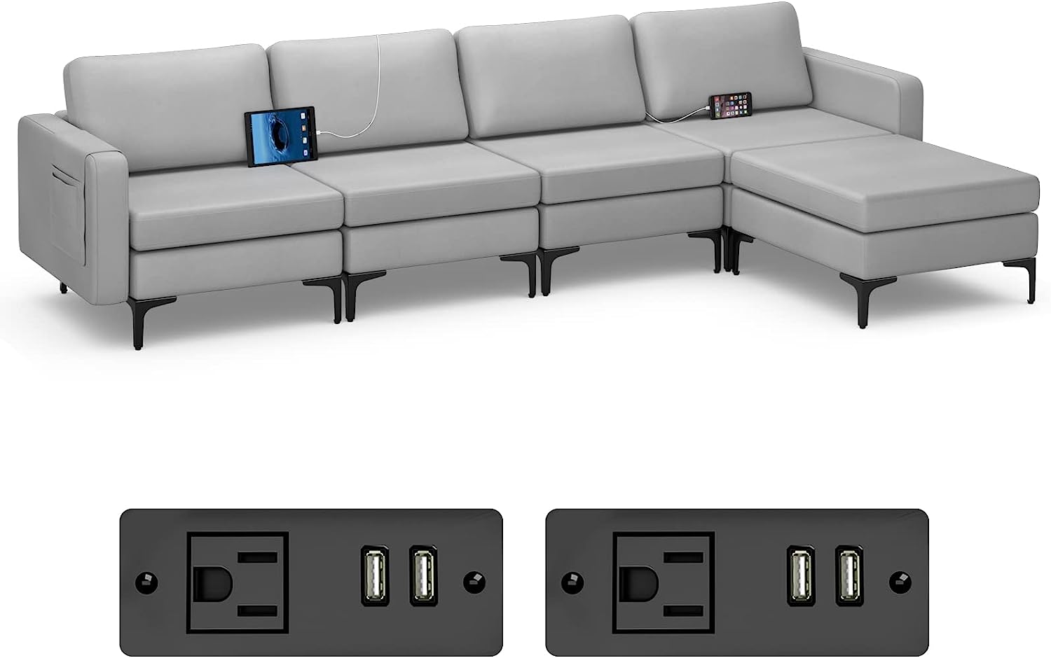4 Seat Convertible L-Shaped Sofa Couch, 123 Inch Sectional Sleeper with 2 USB Ports Socket