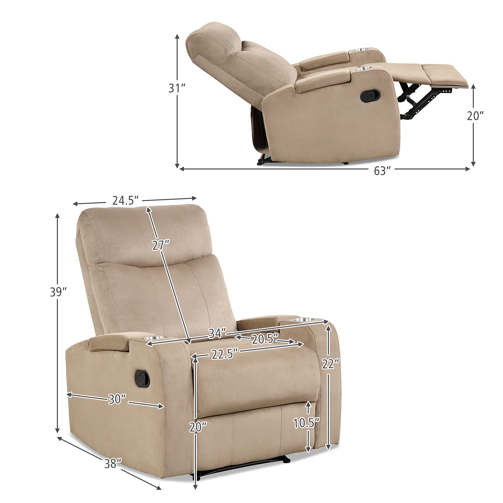 Manual Fabric Recliner Chair, Backrest Adjustable Reading Reclining Chair with 2 Cup Holders and Armrest Hidden Storage