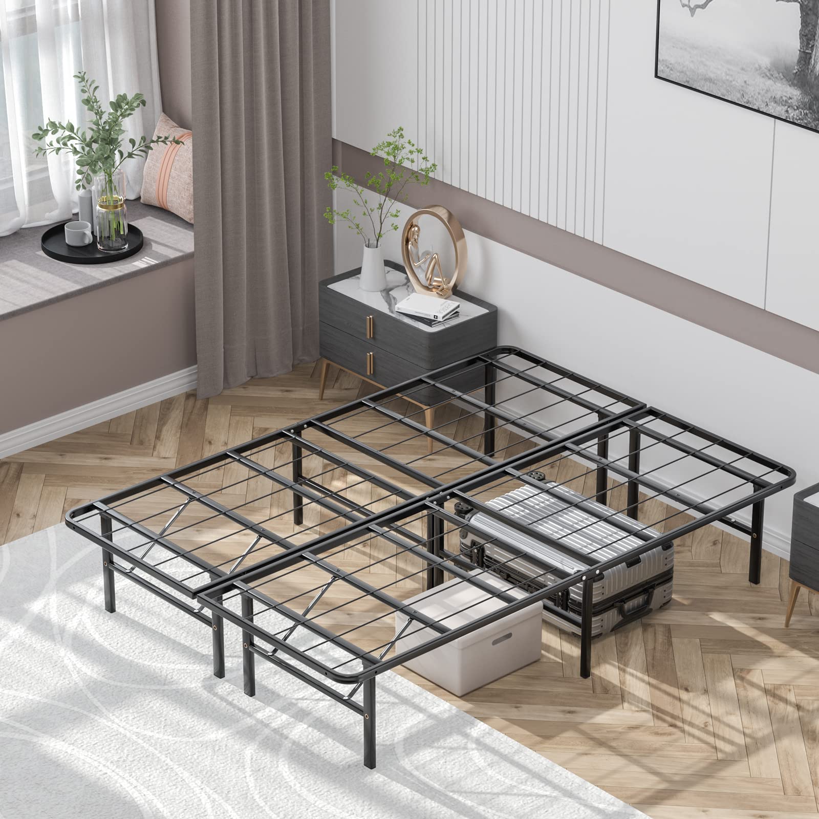 14 Inch Foldable Metal Platform Bed Frame, Tool-Free Assemble, Heavy Duty Folding Bed Frame w/Steel Slat & Underbed Storage