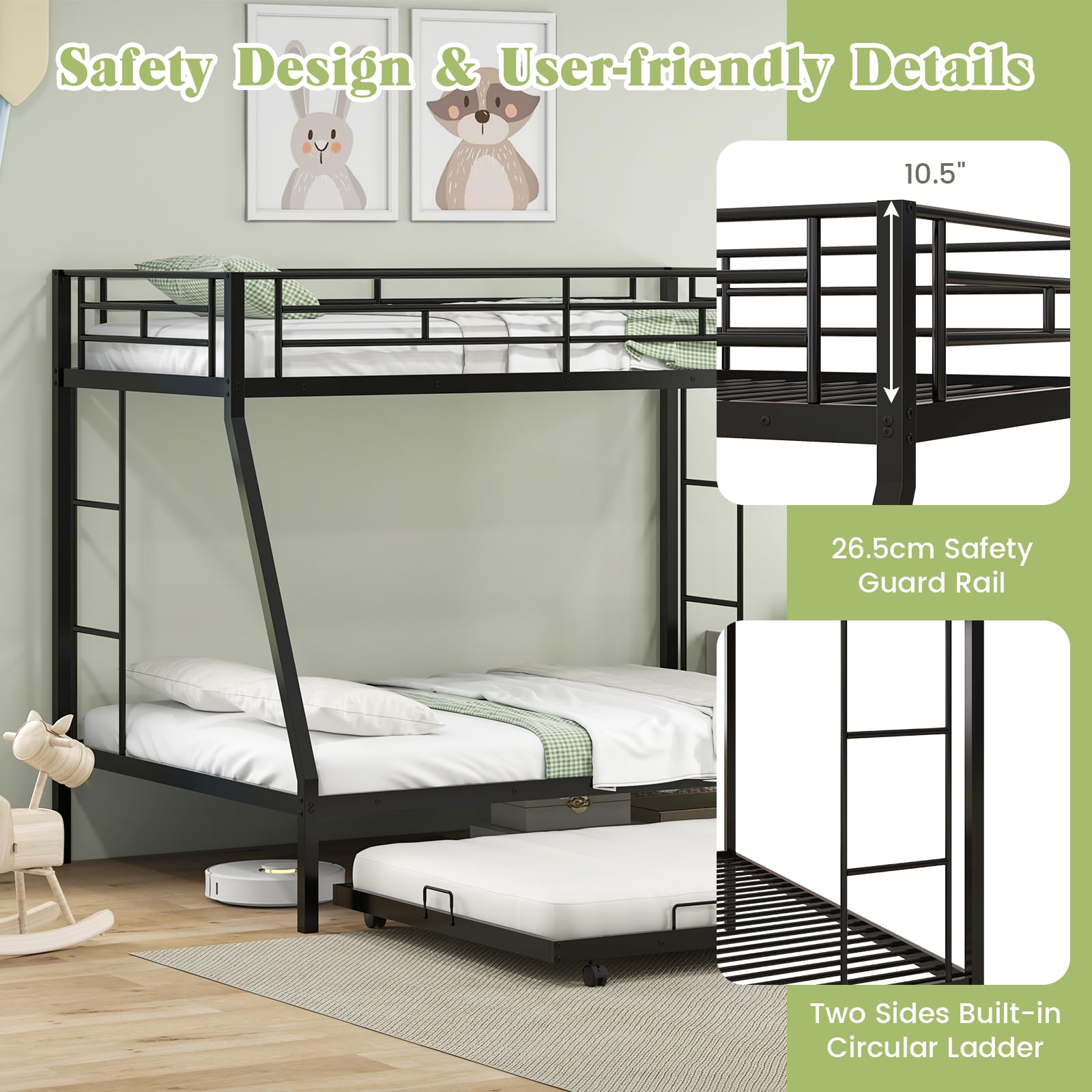 Twin Over Full Heavy-Duty Metal Bunk Bed with Trundle, Guardrail & 2 Ladders