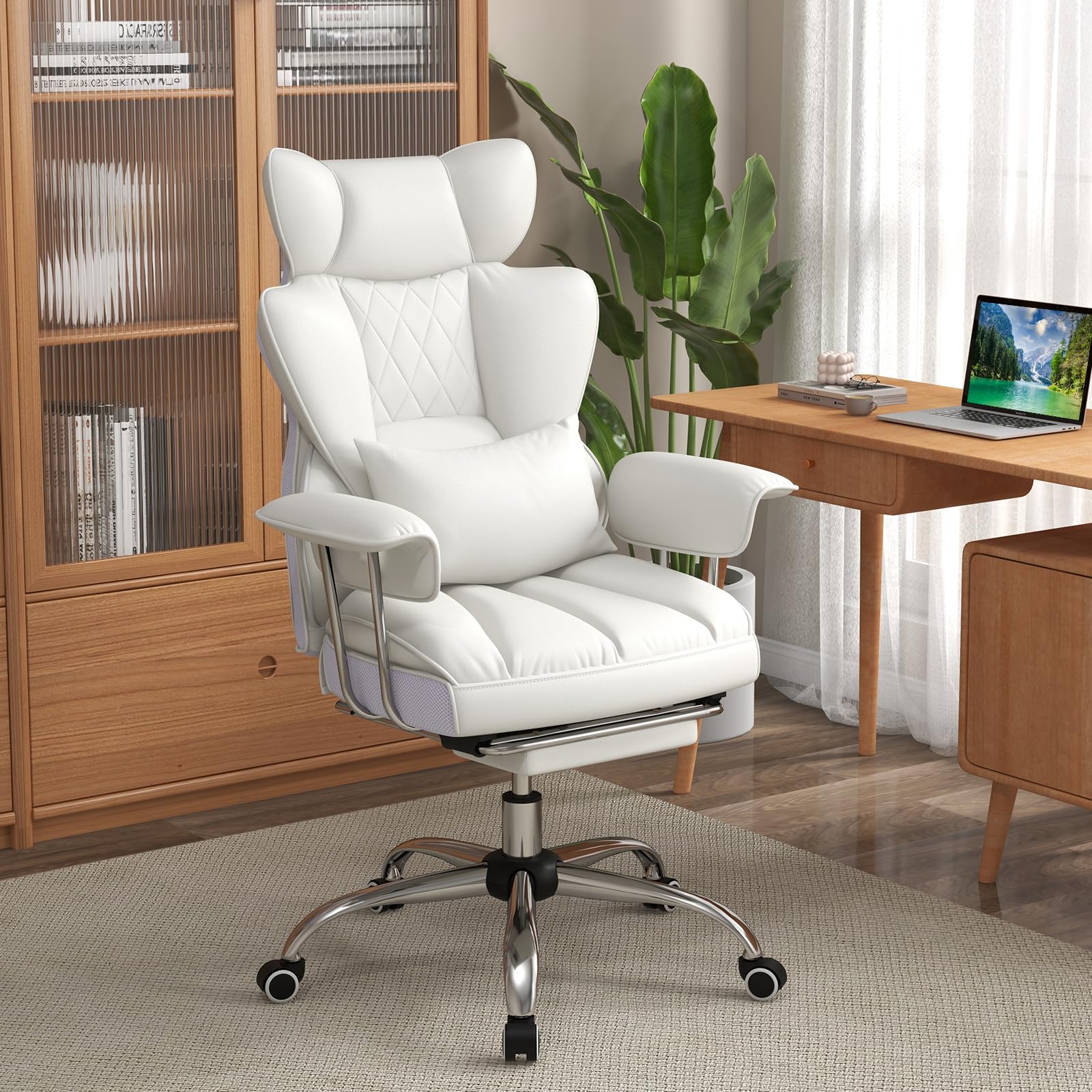 400 LBS Big and Tall Office Chair, PU Leather Executive Desk Chair w/Retractable Footrest