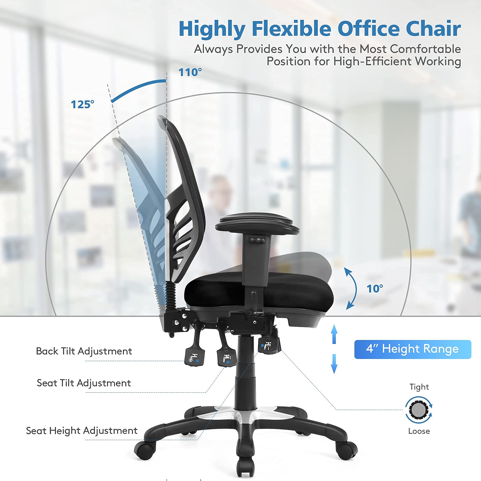 Mid-Back Managers Mesh Office Chair with Height Adjustable Backrest & Armrest, Seat Tilt Adjustment