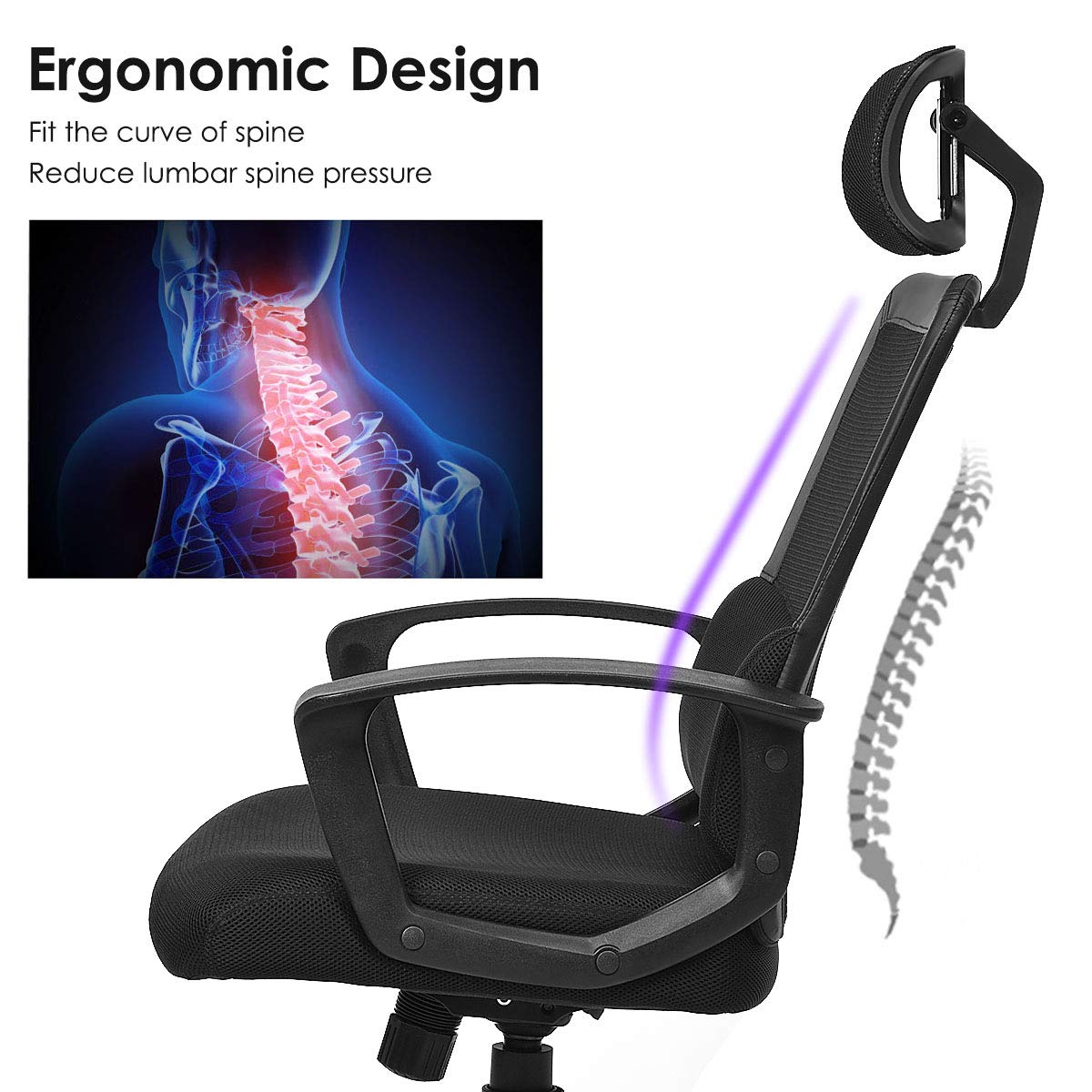 Mesh Office Chair, Ergonomic High Back Computer Desk Chair with Adjustable Headrest & Lumbar Support