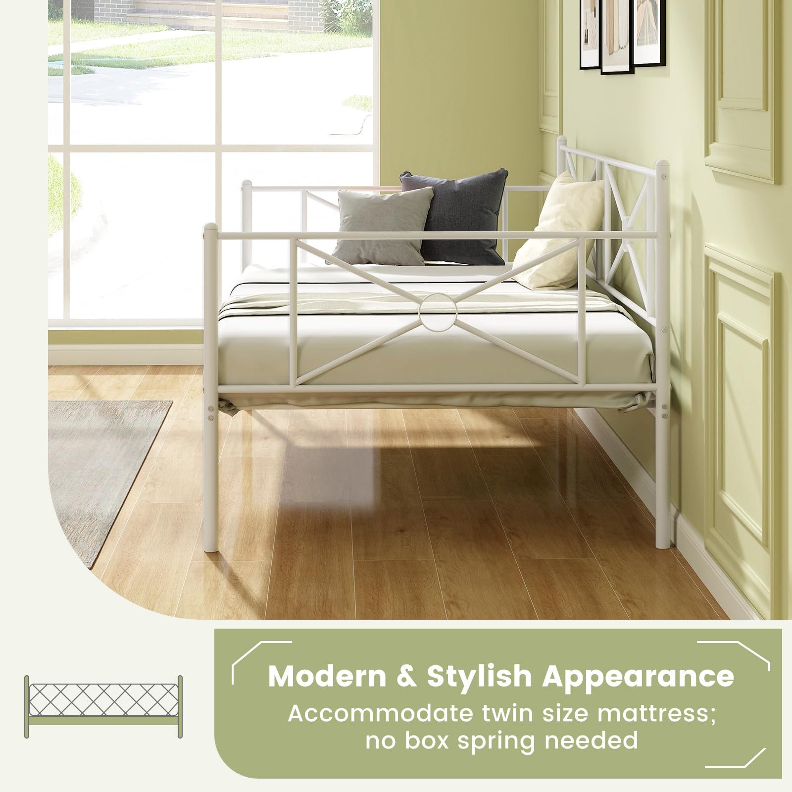 Twin Size Metal Daybed, Multifunctional Sofa Guest Bed with Headboard