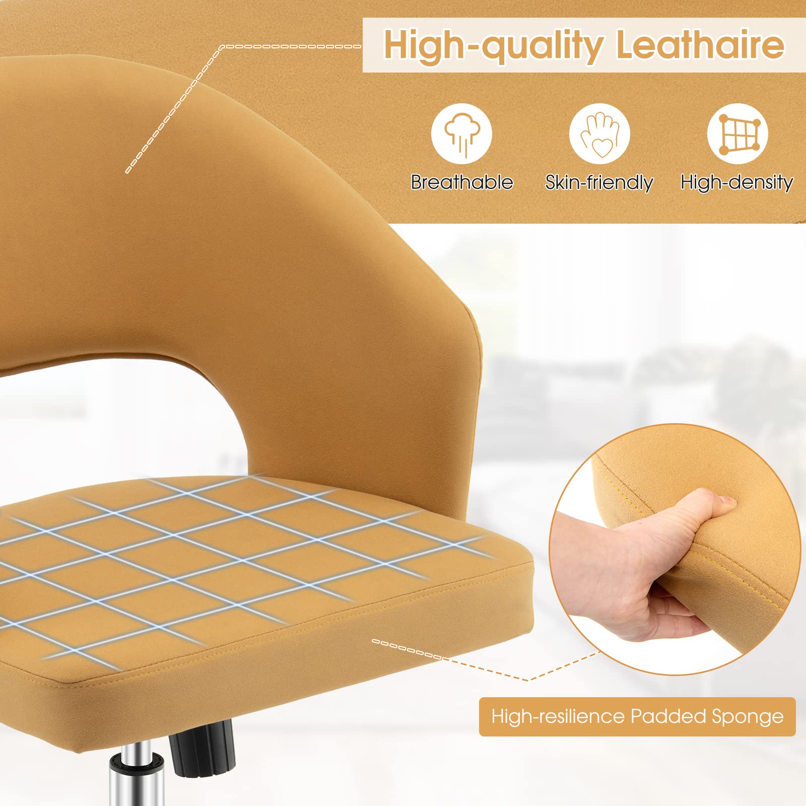 Home Office Desk Chair, Comfy Upholstered Chair with Hollow Design & Height Adjustable