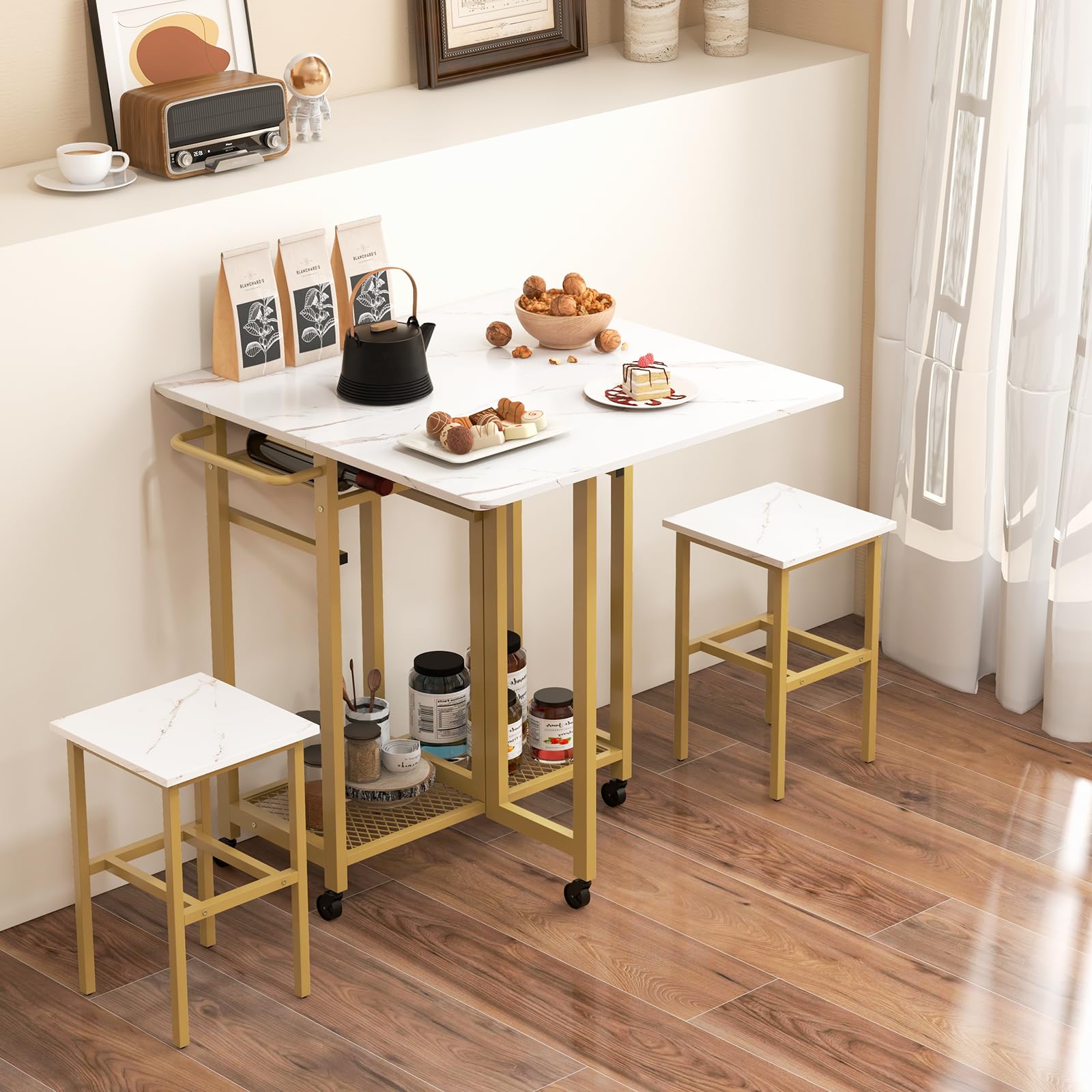 3 Piece Foldable Dining Table Set, Extendable Dining Table & 2 Stools Set w/ 6-Bottle Wine Rack, Shelves & Side Pushing Handle
