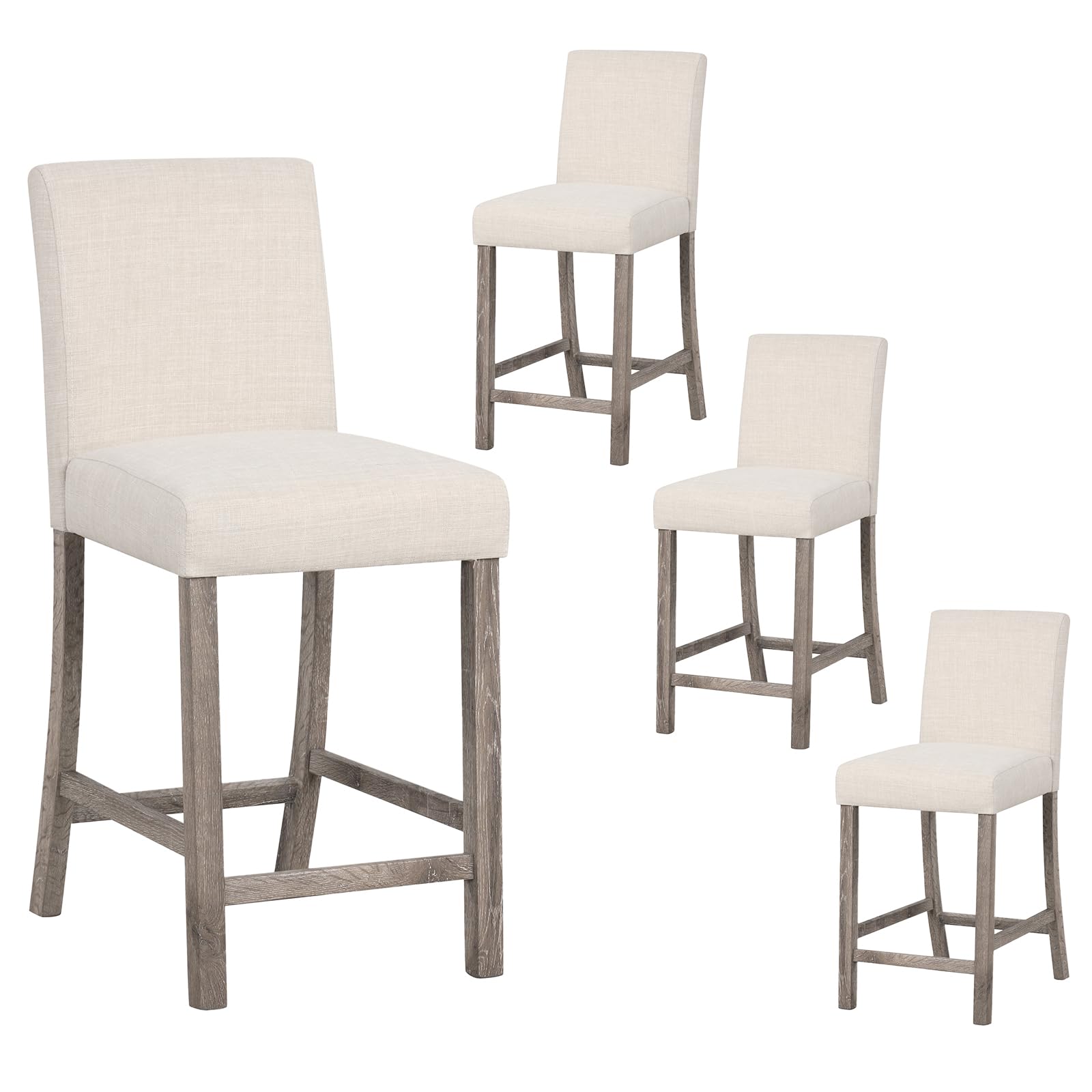 Upholstered Counter Height Bar Stools Set of 2/4 with Ergonomic Backrest, Solid Wood Frame